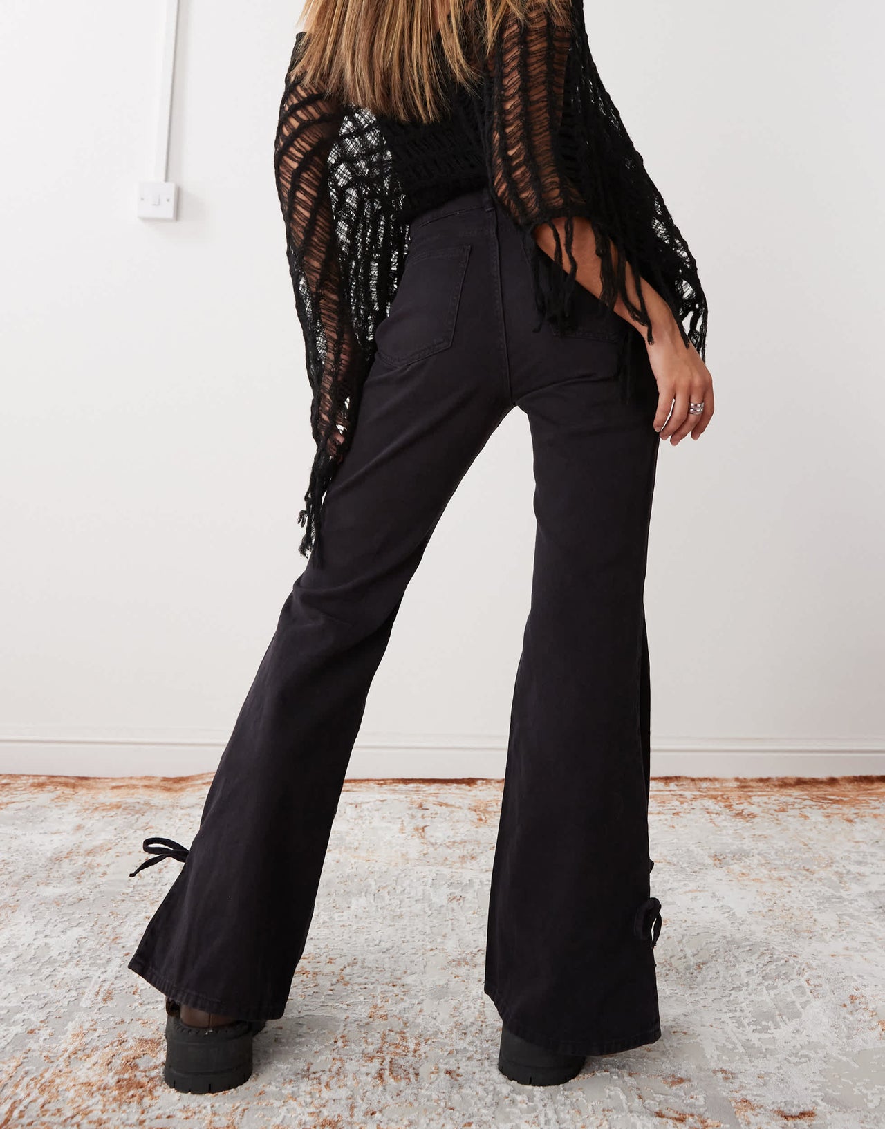 Monki wide leg trousers with tie bow detail in washed black