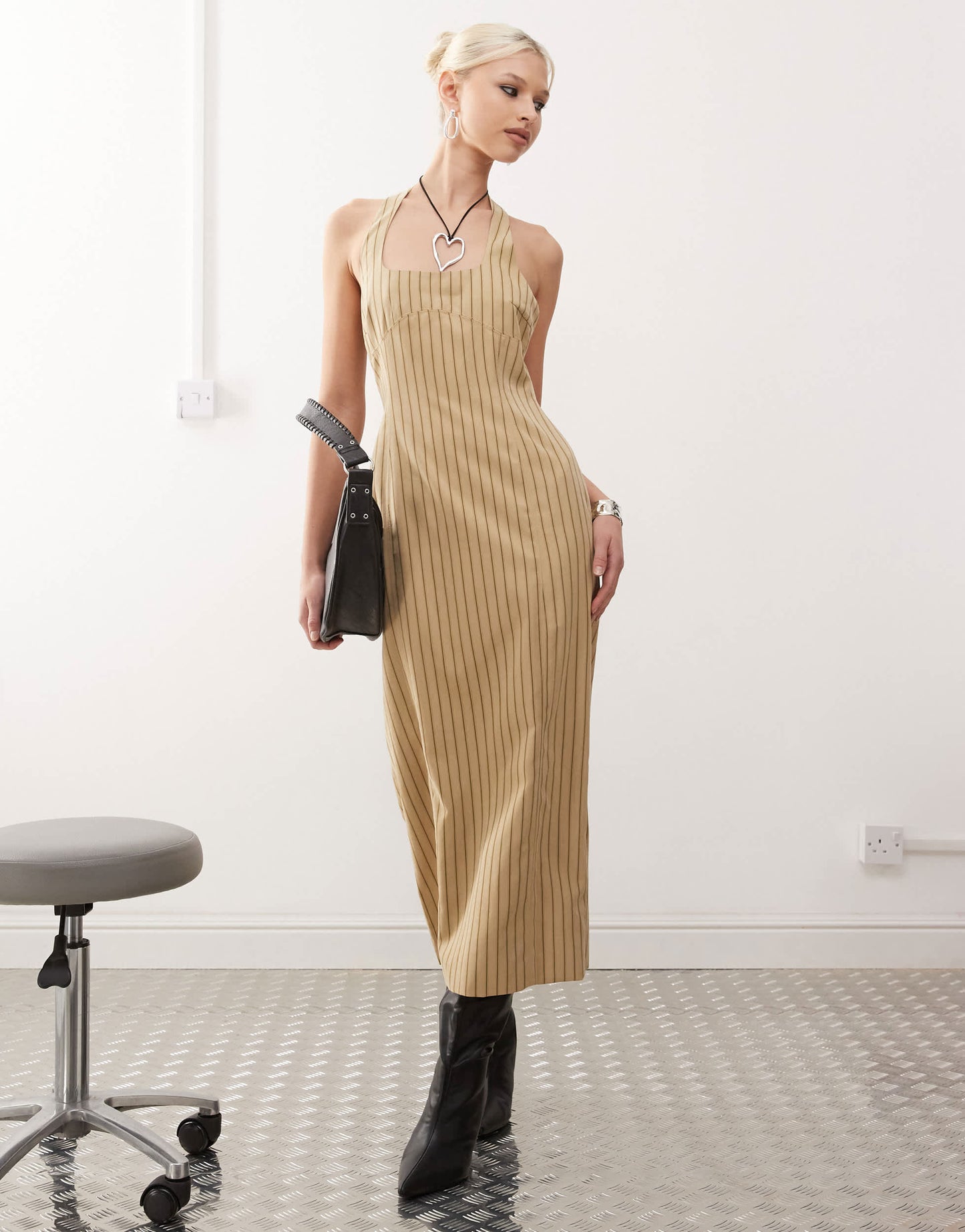 Lioness halter neck back split midi dress in beige stripe