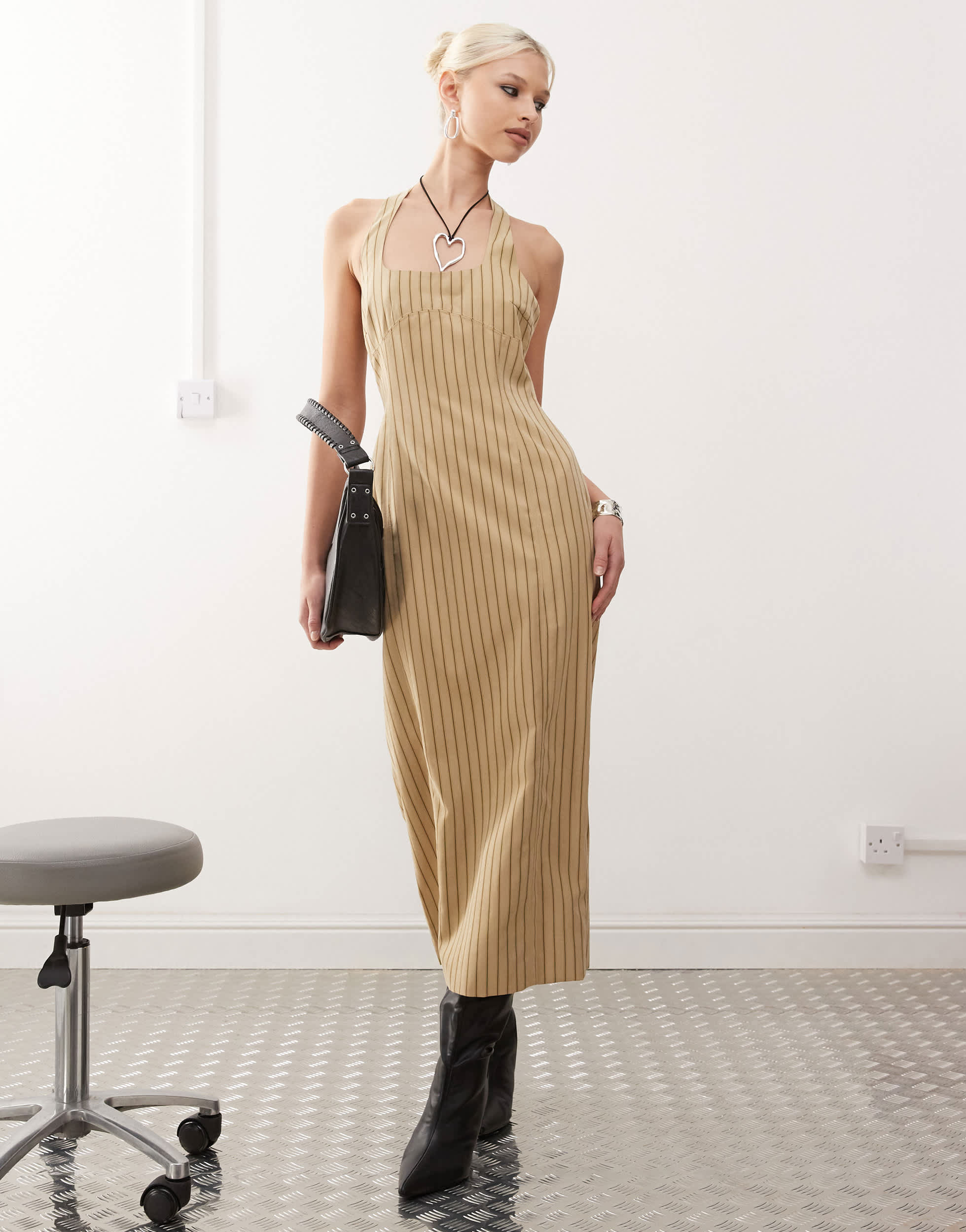Lioness halter neck back split midi dress in beige stripe