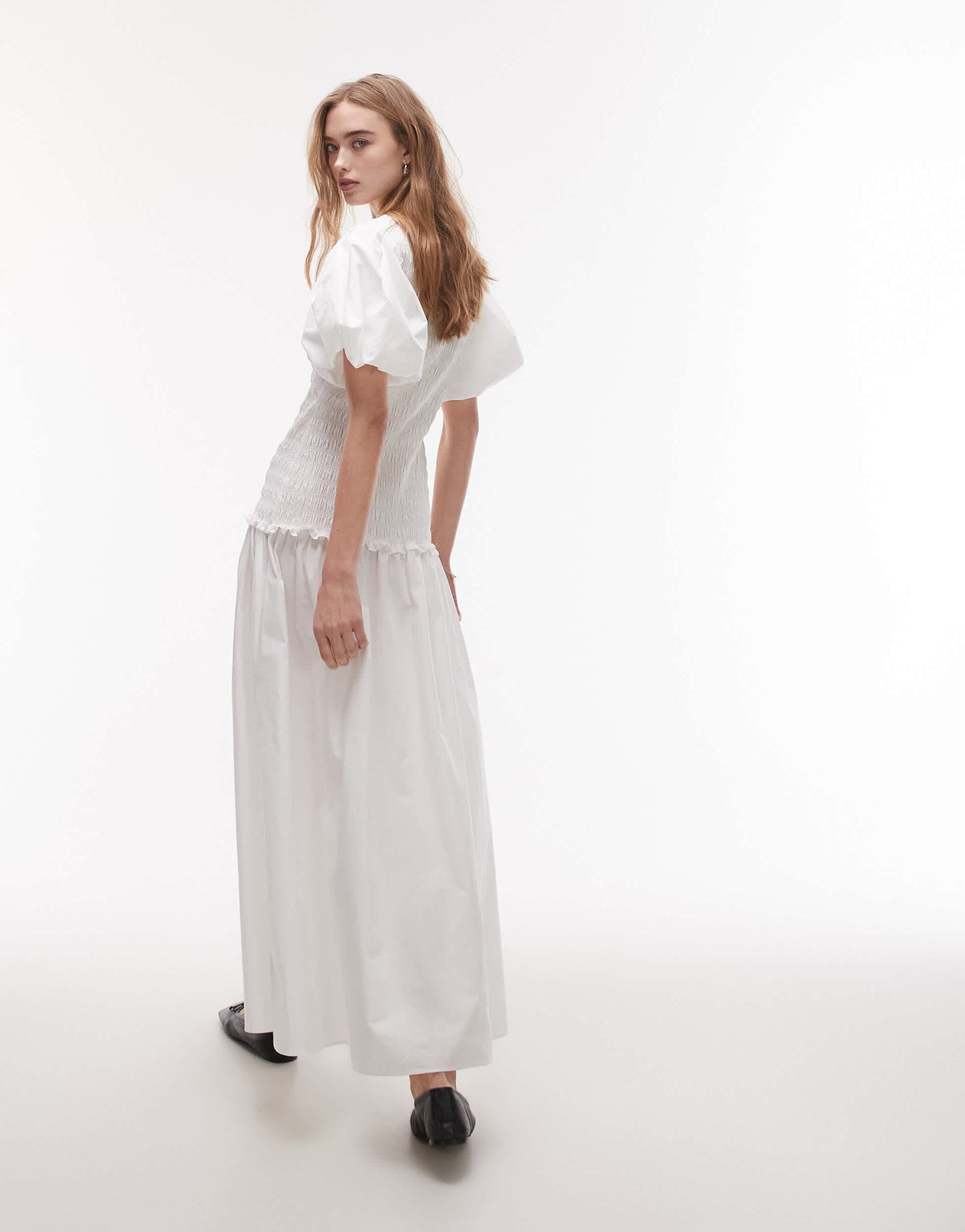 Topshop puff sleeve square neck shirred midi dress in white