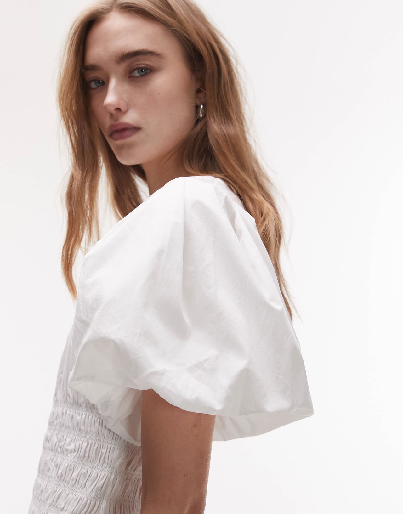 Topshop puff sleeve square neck shirred midi dress in white