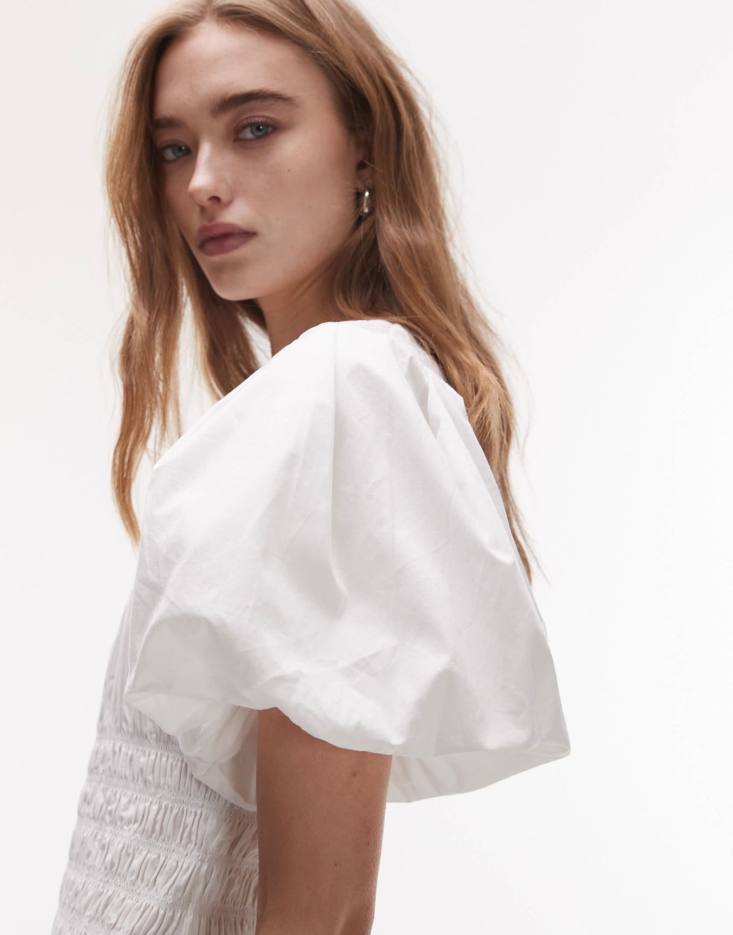 Topshop puff sleeve square neck shirred midi dress in white