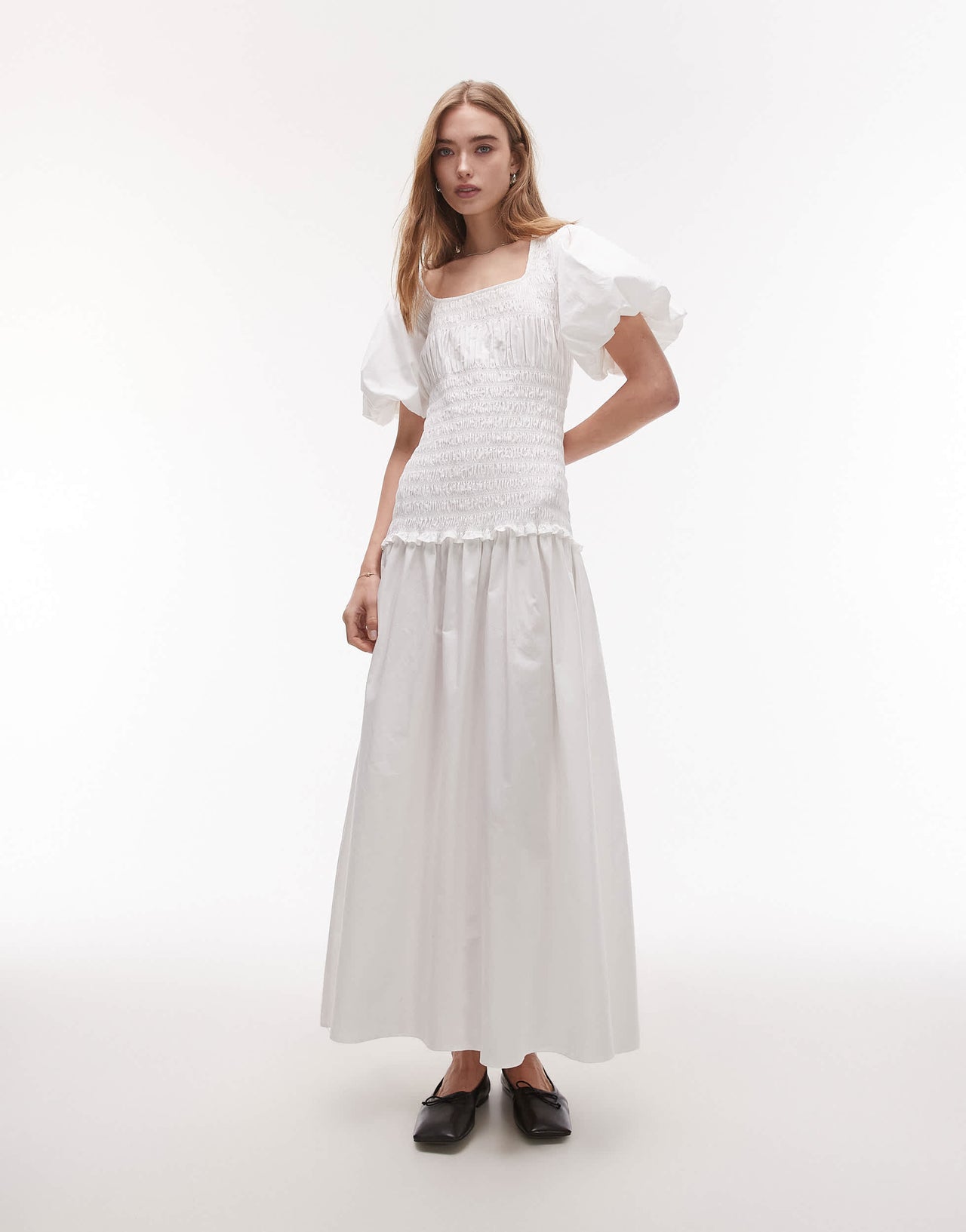 Topshop puff sleeve square neck shirred midi dress in white