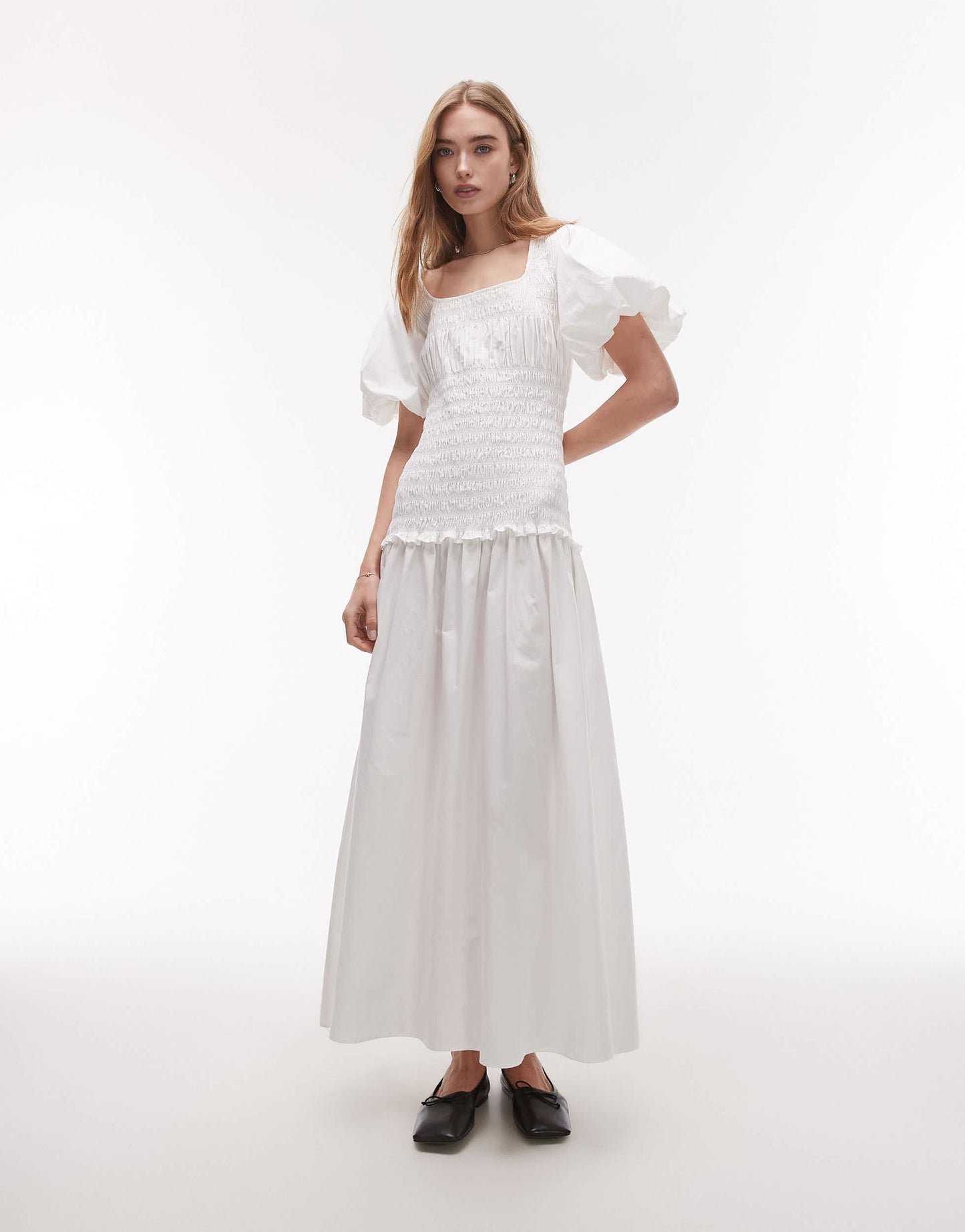 Topshop puff sleeve square neck shirred midi dress in white