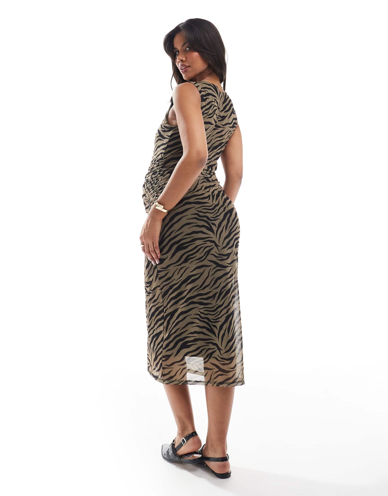 Mamalicious Maternity ruched mesh dress in brown zebra print