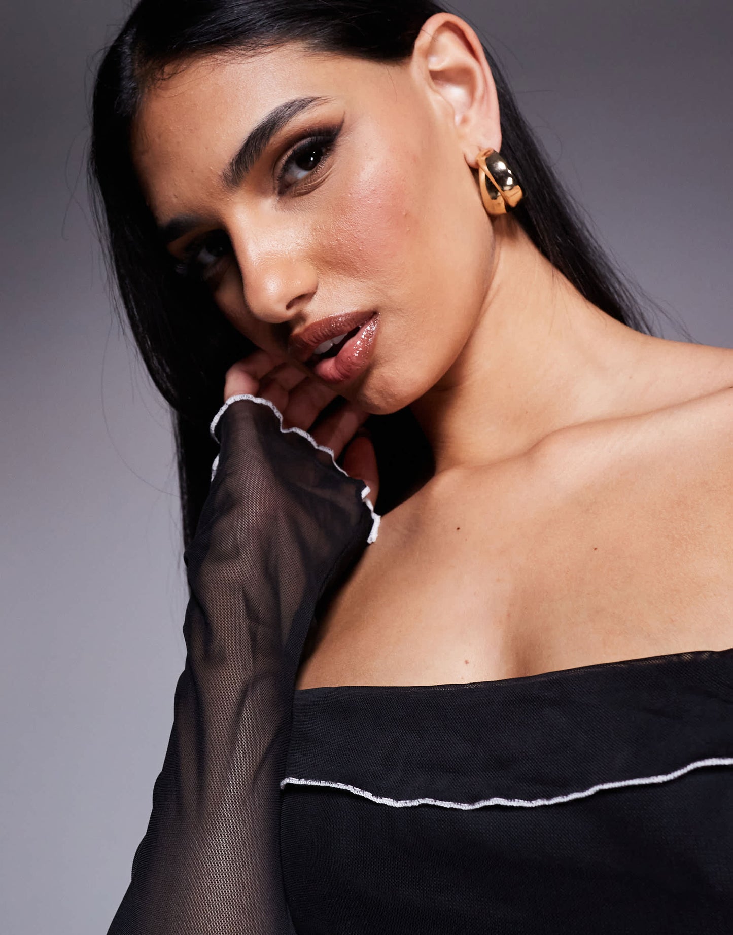 Princess Polly mesh contrast ruffle detail bardot body in black