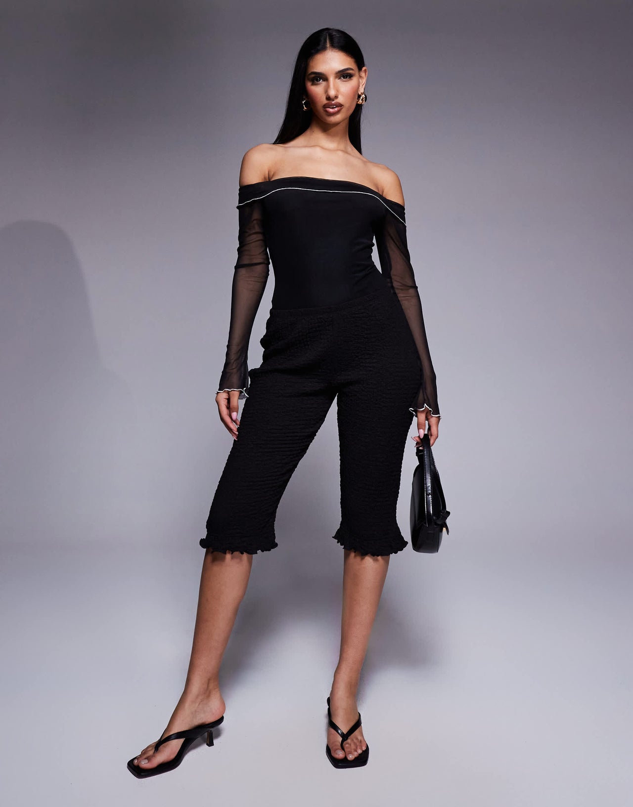 Princess Polly mesh contrast ruffle detail bardot body in black