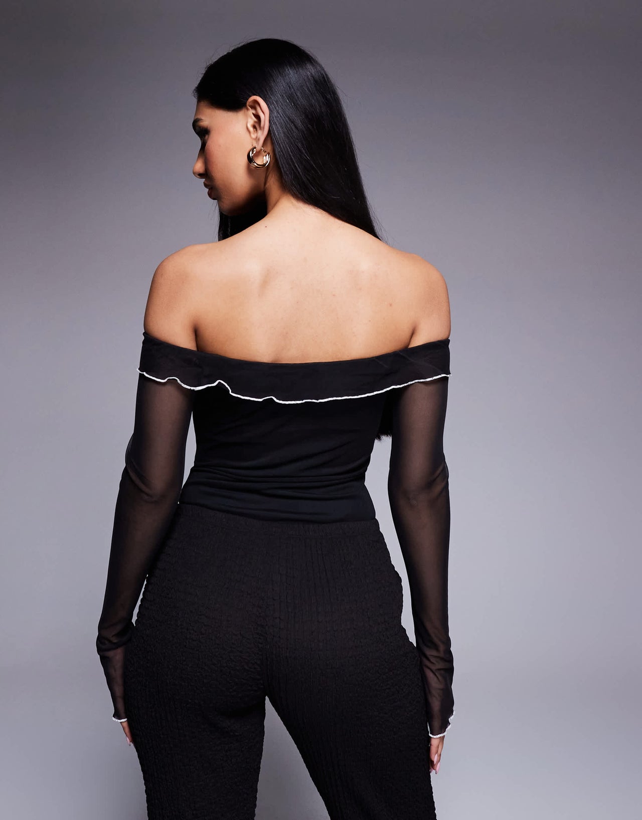 Princess Polly mesh contrast ruffle detail bardot body in black