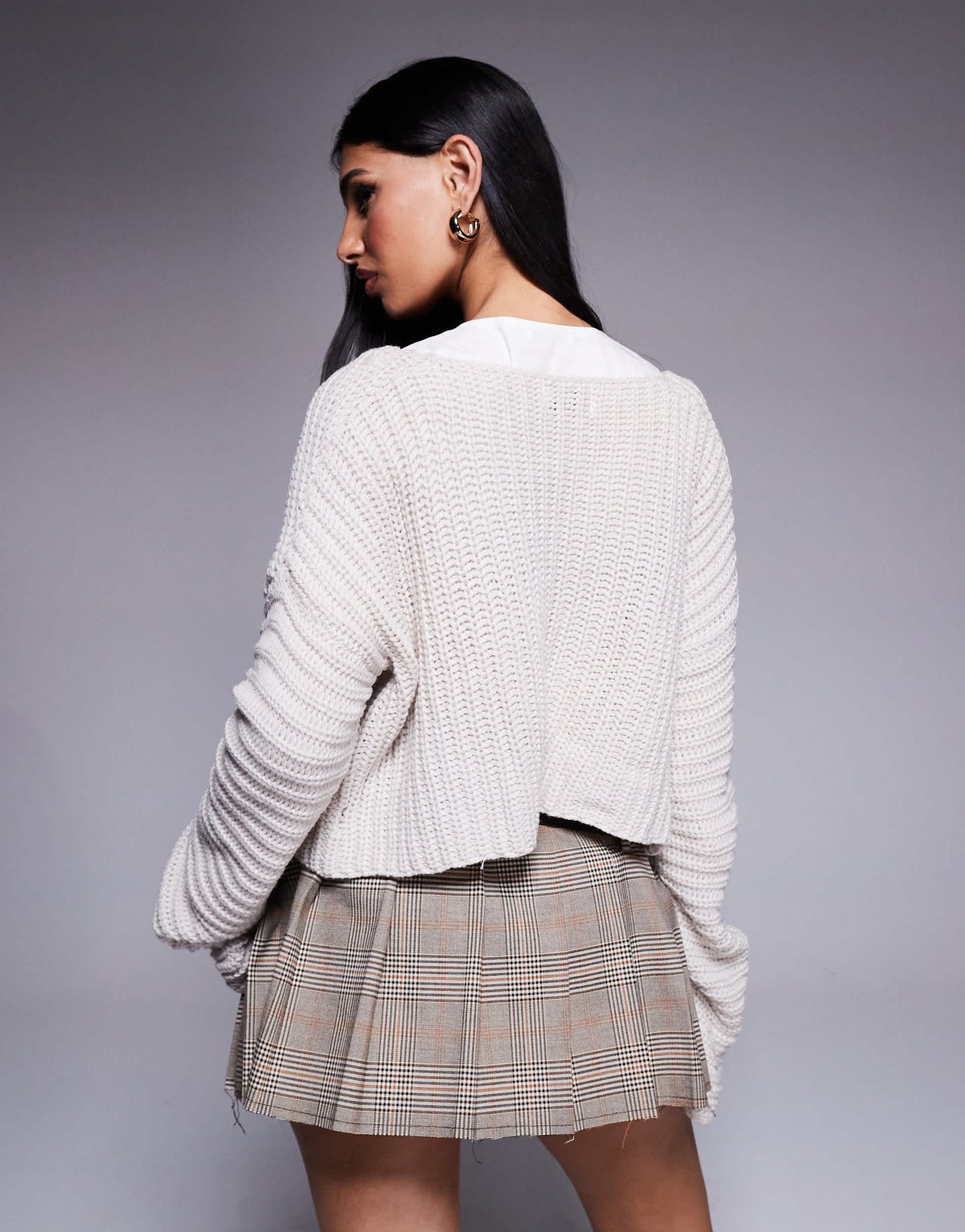 Princess Polly cropped v neck button front bell sleeve knitted cardigan in beige