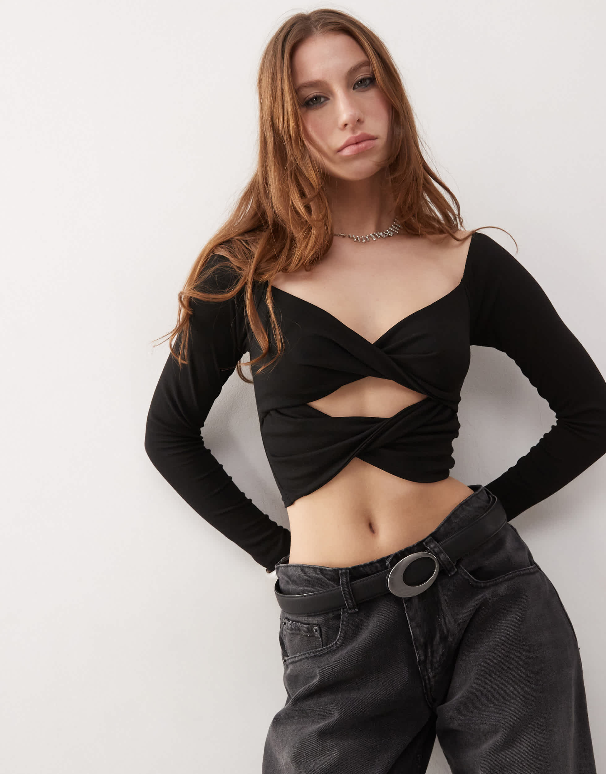 Princess Polly double layered slinky sweetheart neck cut out twist detail top in black