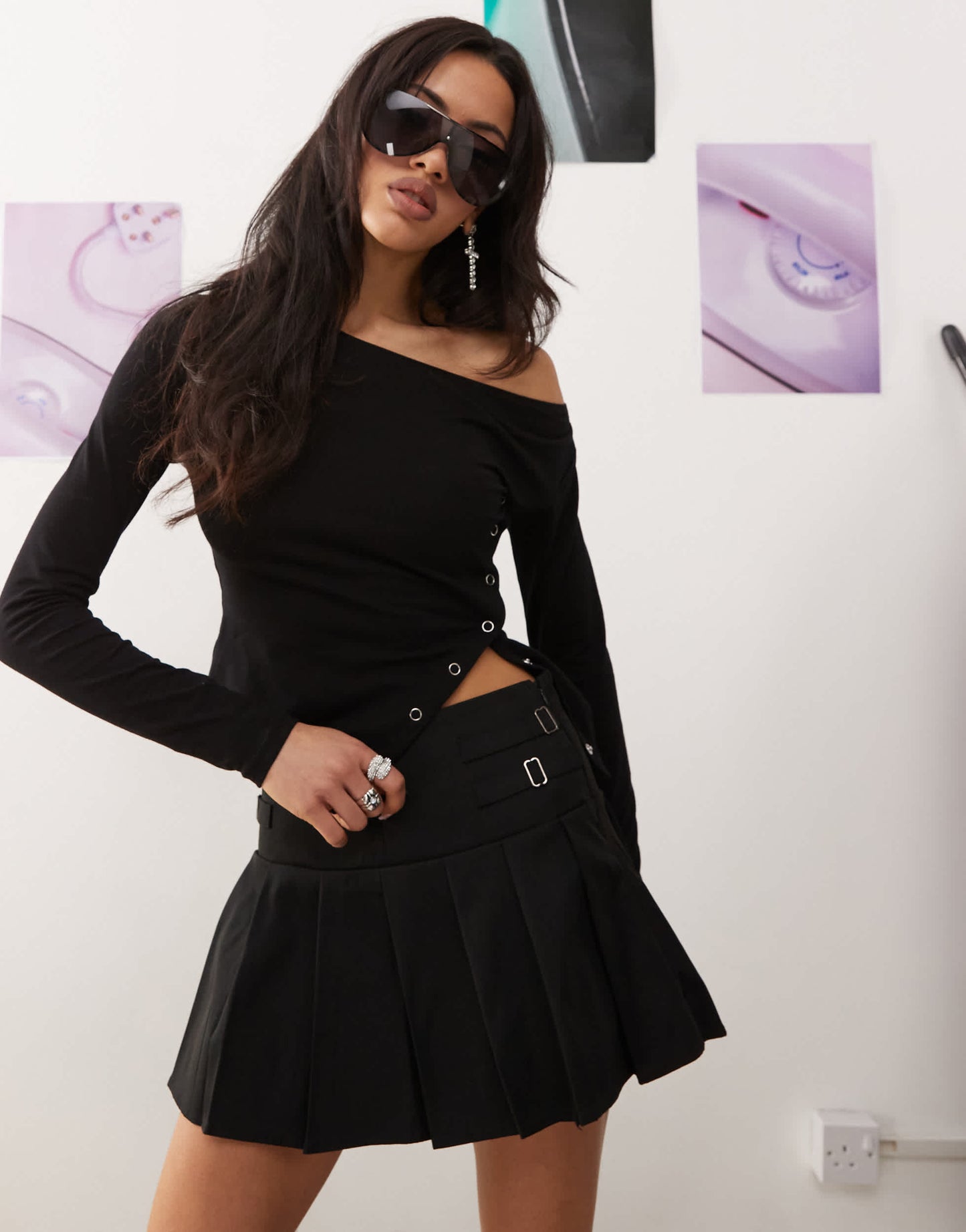 Princess Polly buckle detail pleated mini skirt in black