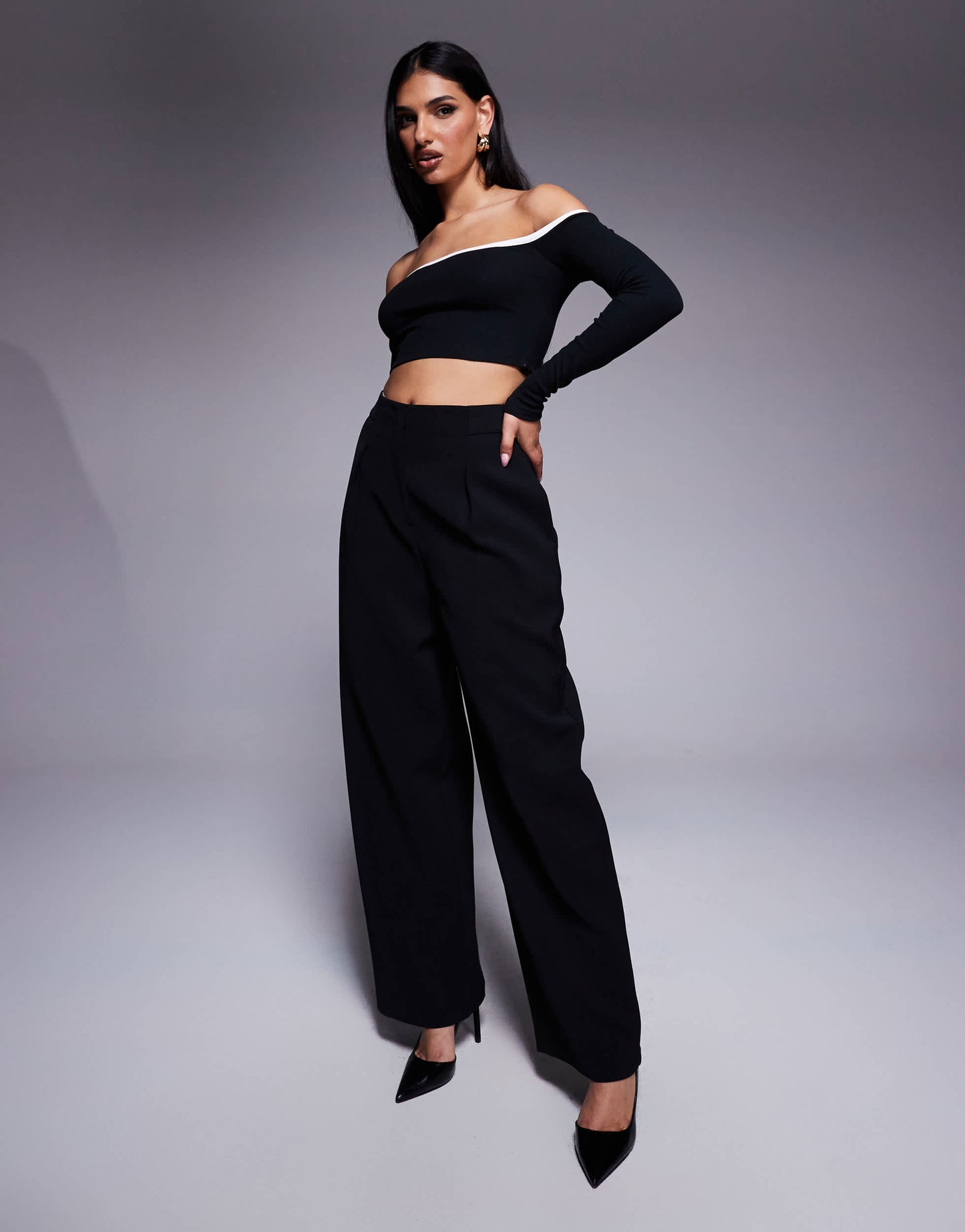 Princess Polly contrast edge bardot long sleeve crop top in black mono