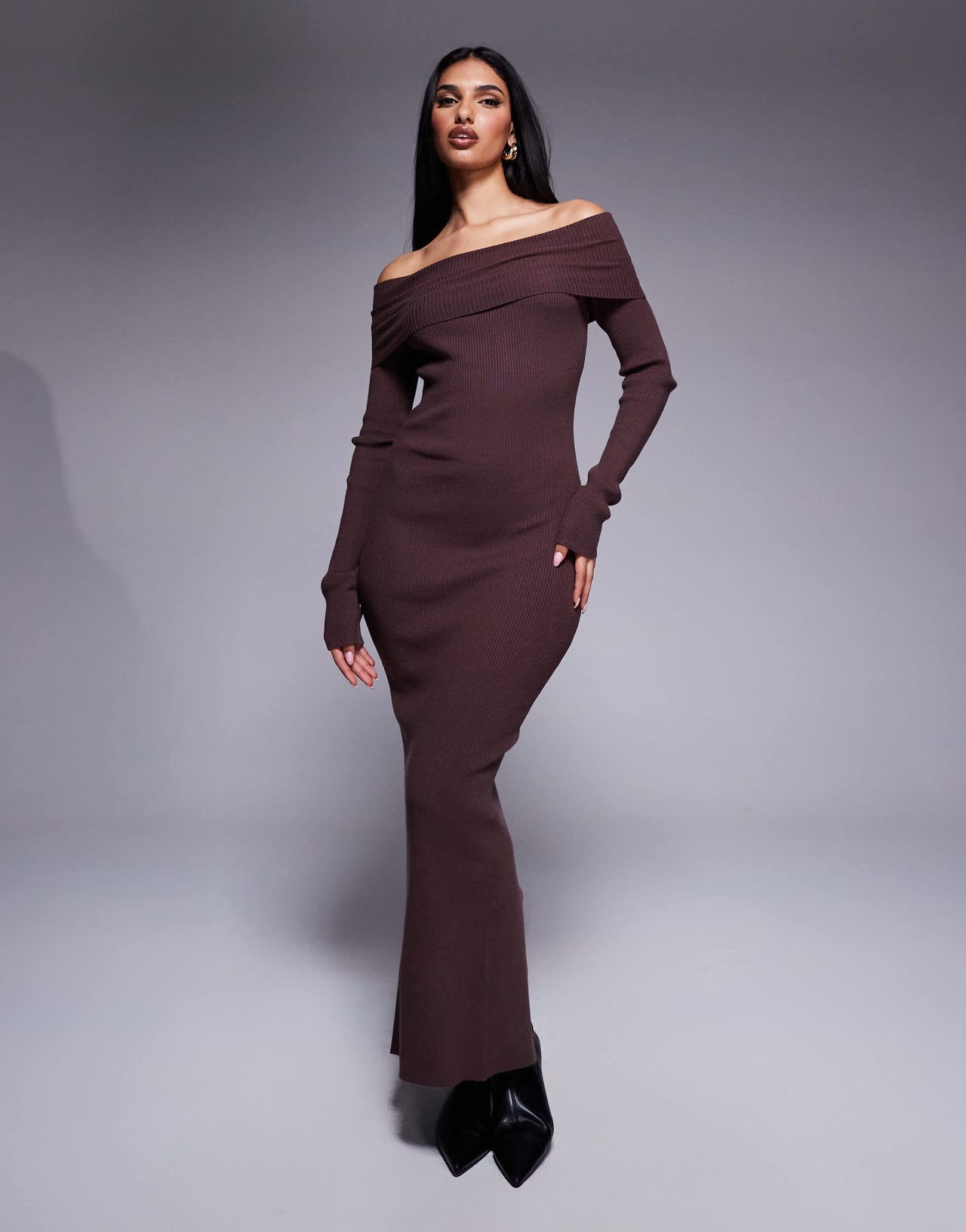Princess Polly knitted extreme foldover bardot bodycon maxi dress in brown