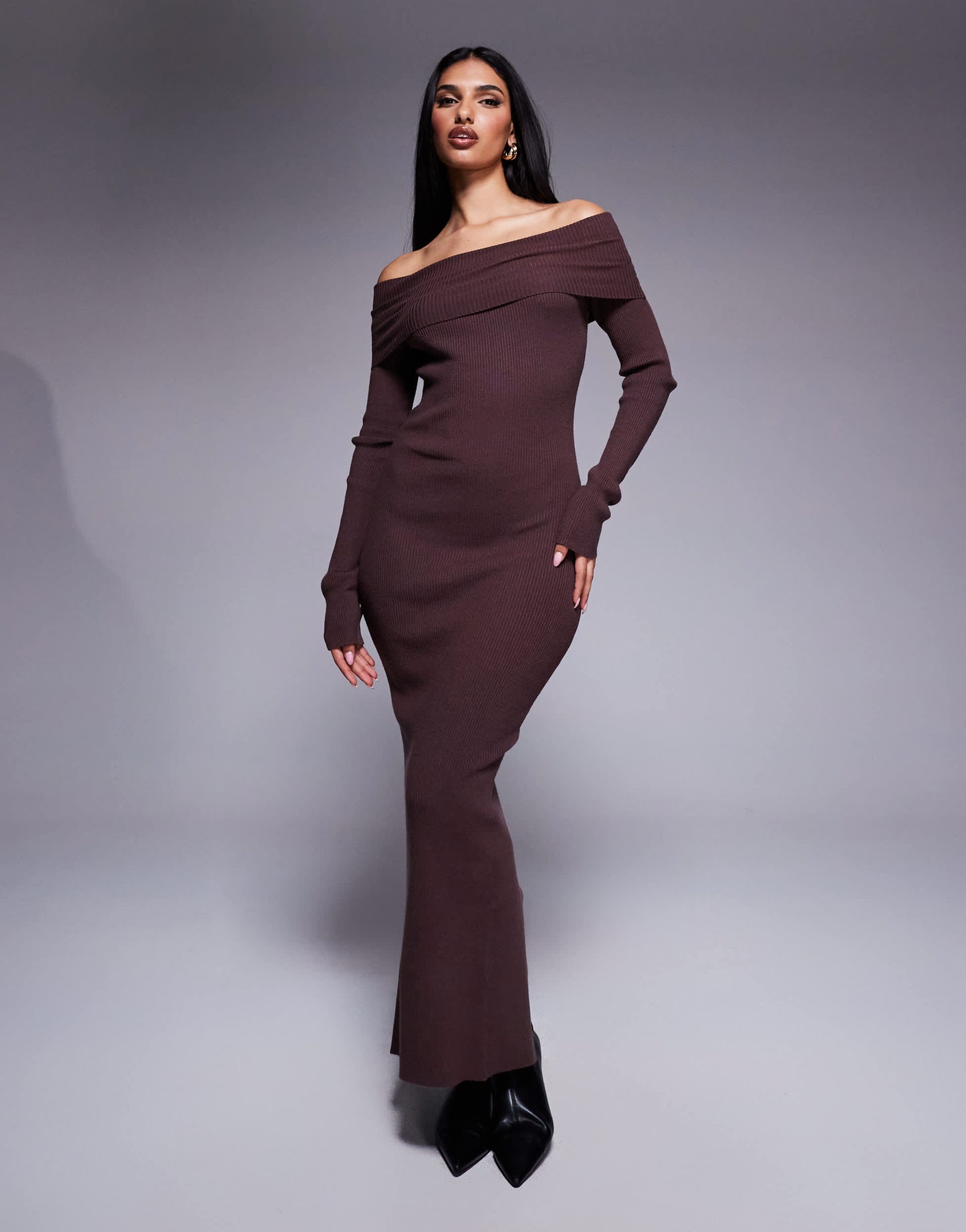 Princess Polly knitted extreme foldover bardot bodycon maxi dress in brown