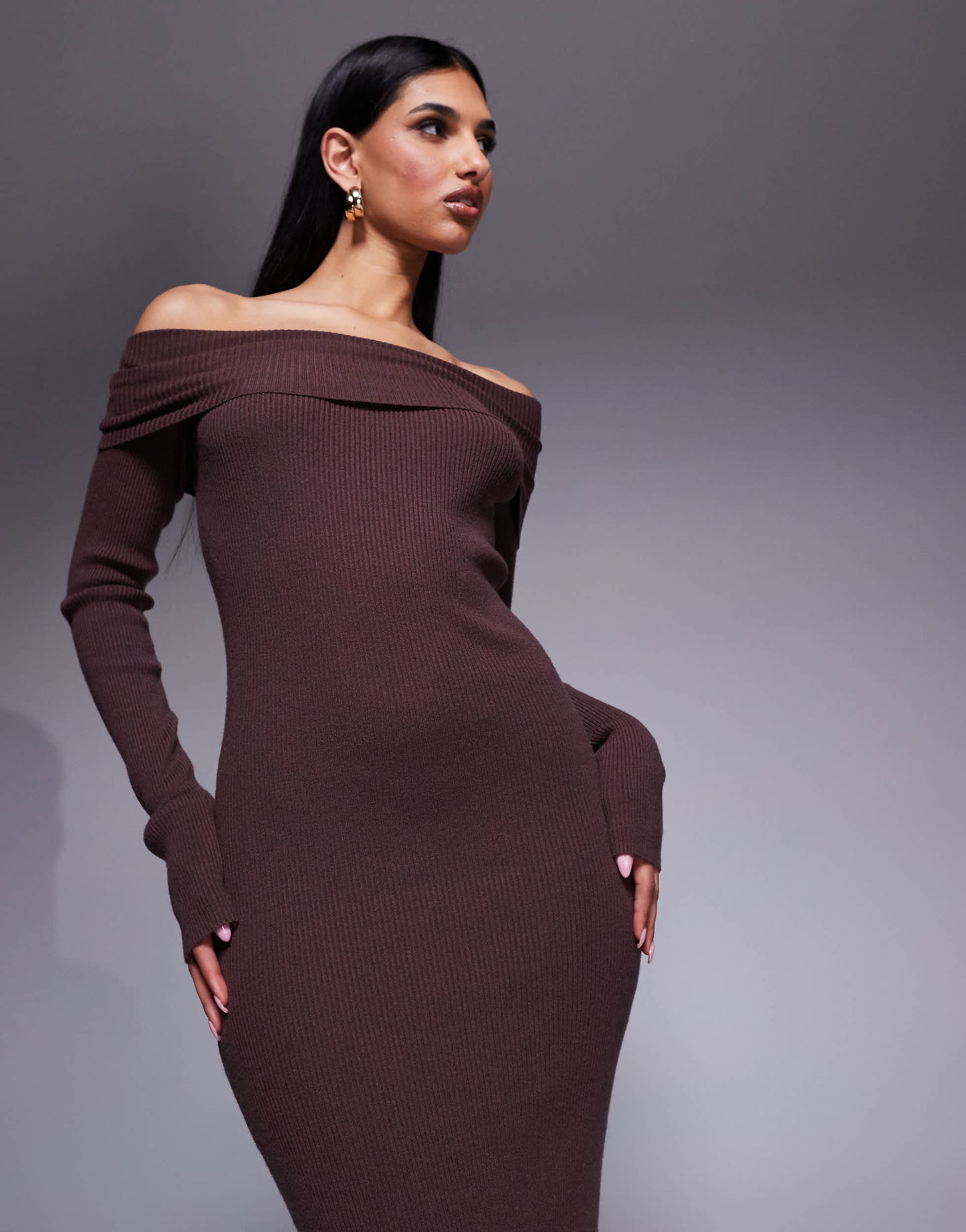 Princess Polly knitted extreme foldover bardot bodycon maxi dress in brown