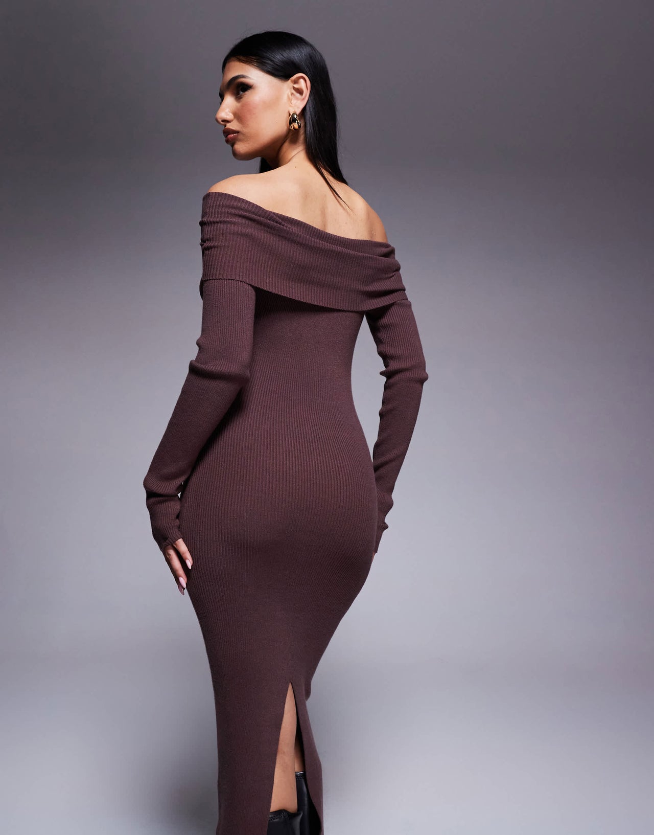 Princess Polly knitted extreme foldover bardot bodycon maxi dress in brown