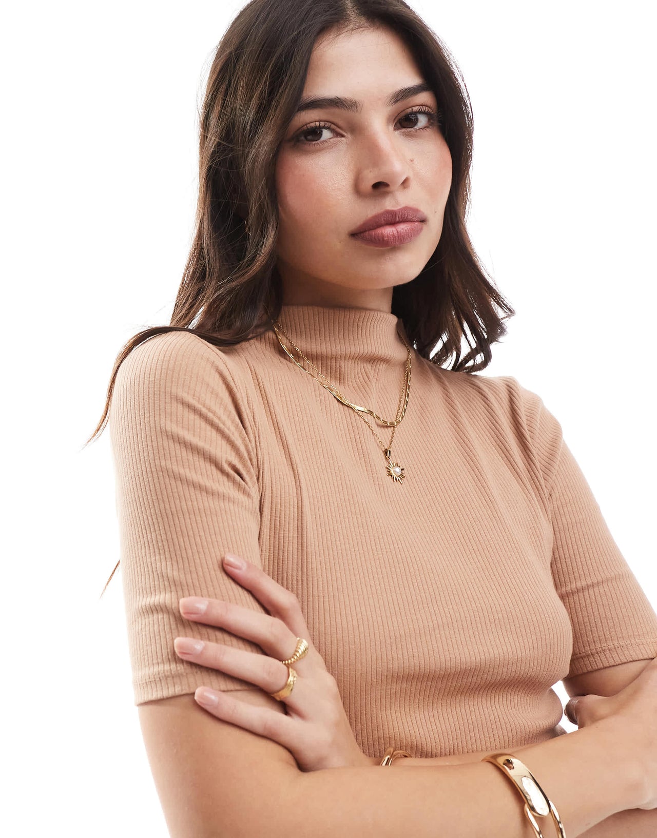 French Connection rib turtle neck midi dress with split in camel