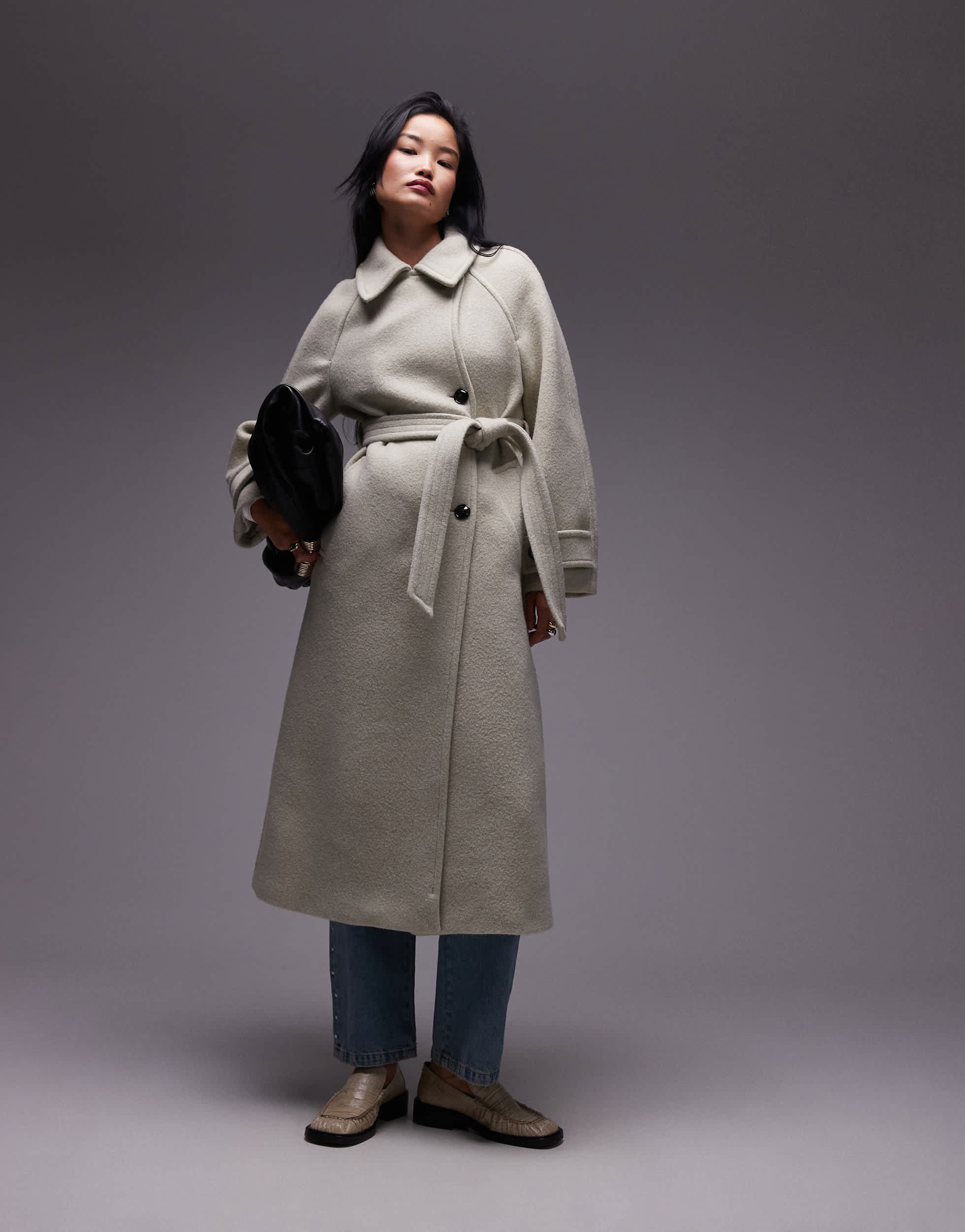 Mango tie waist wool coat in light green