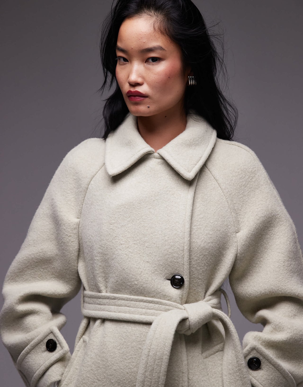 Mango tie waist wool coat in light green