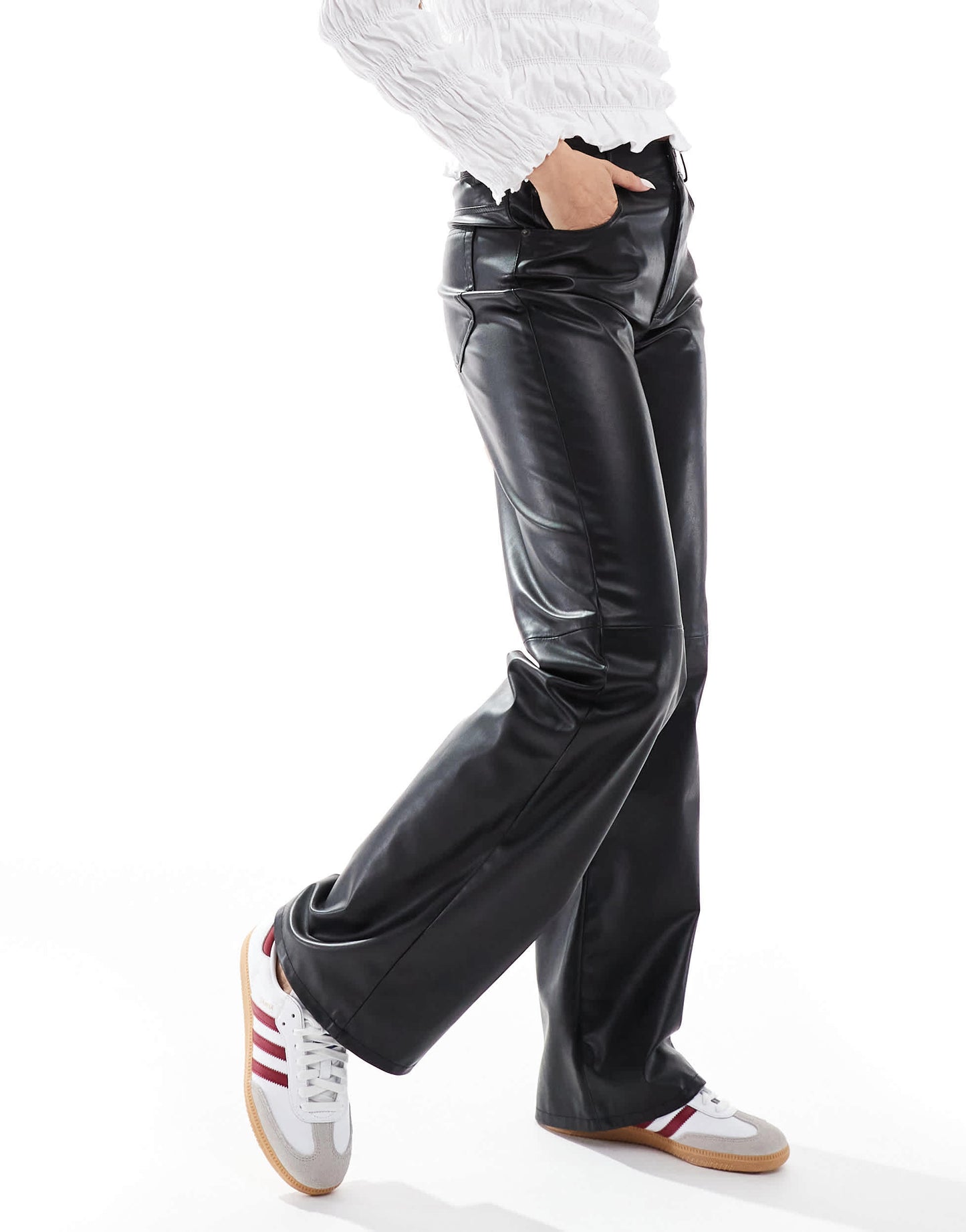 Pull&Bear straight leg faux leather trouser in black