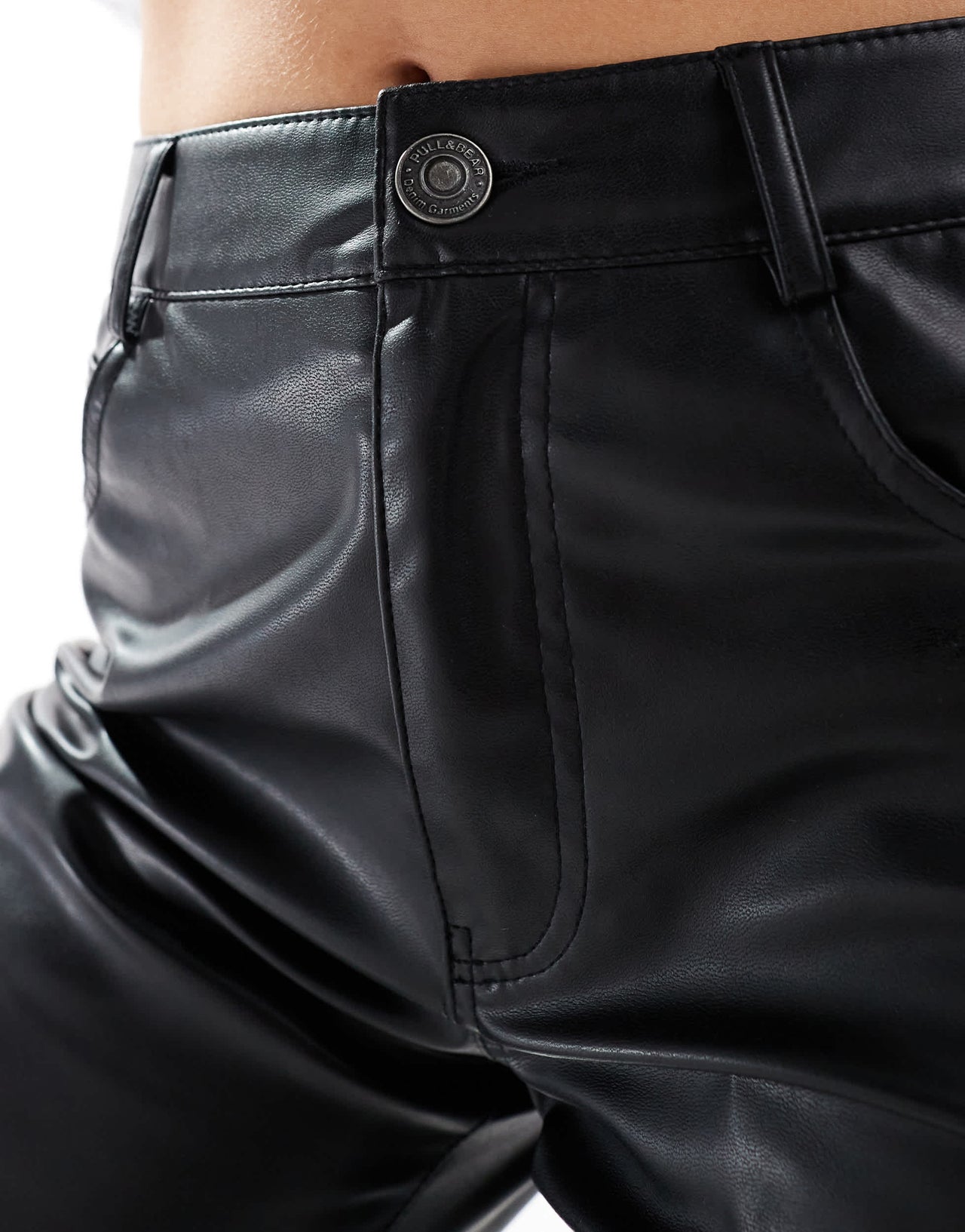 Pull&Bear straight leg faux leather trouser in black