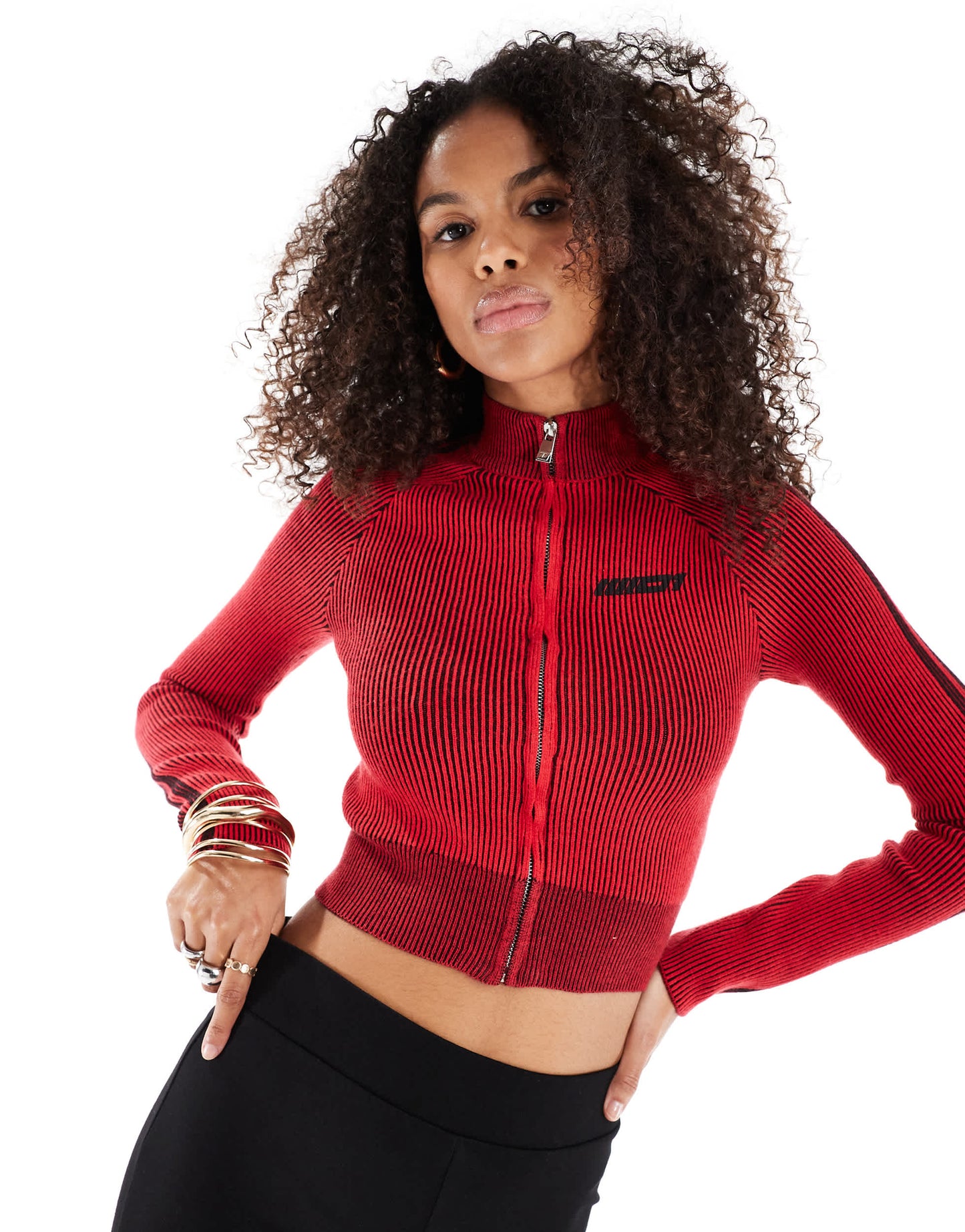 Bershka zip through ribbed jumper in red