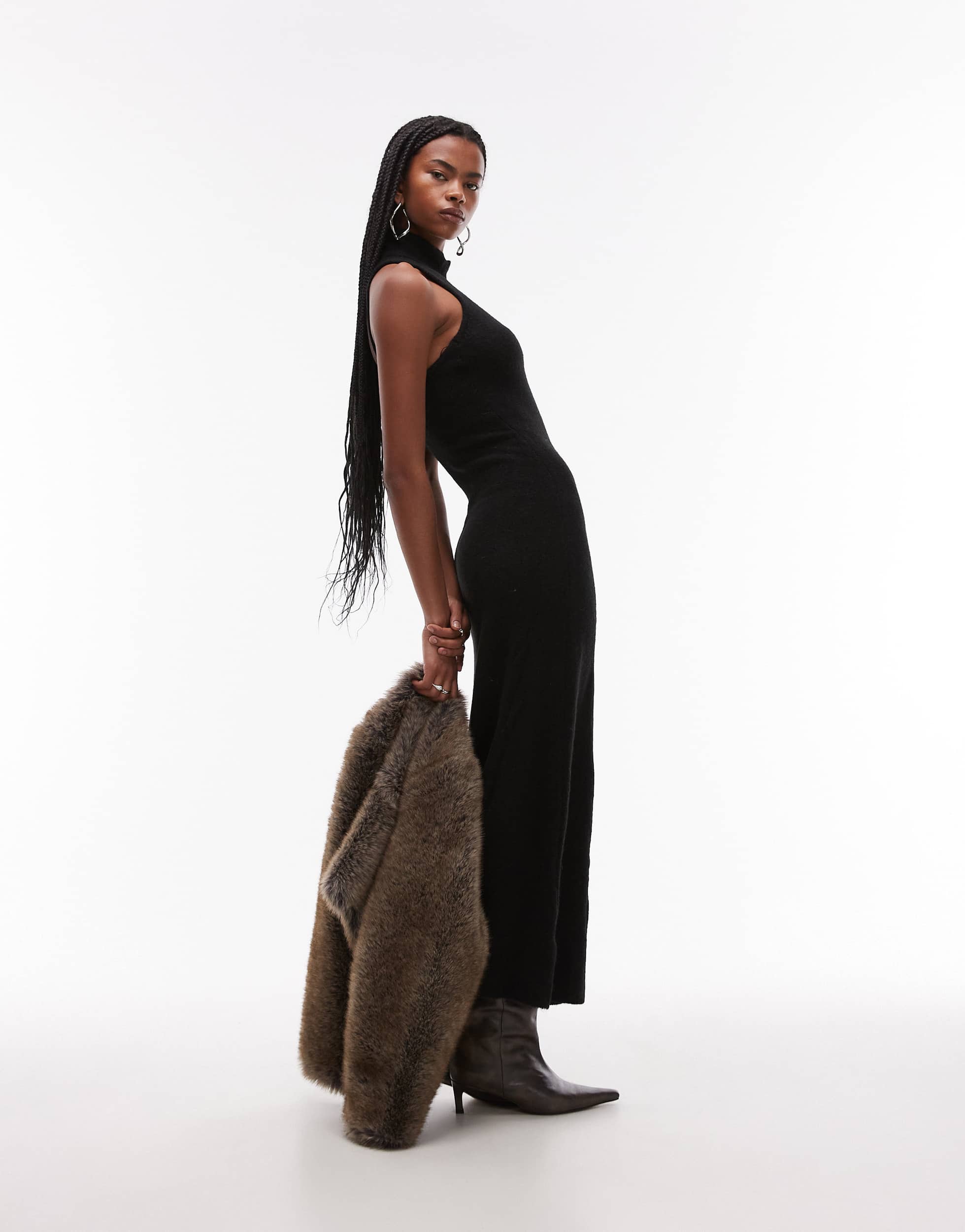 Mango open back high neck knitted maxi dress in black