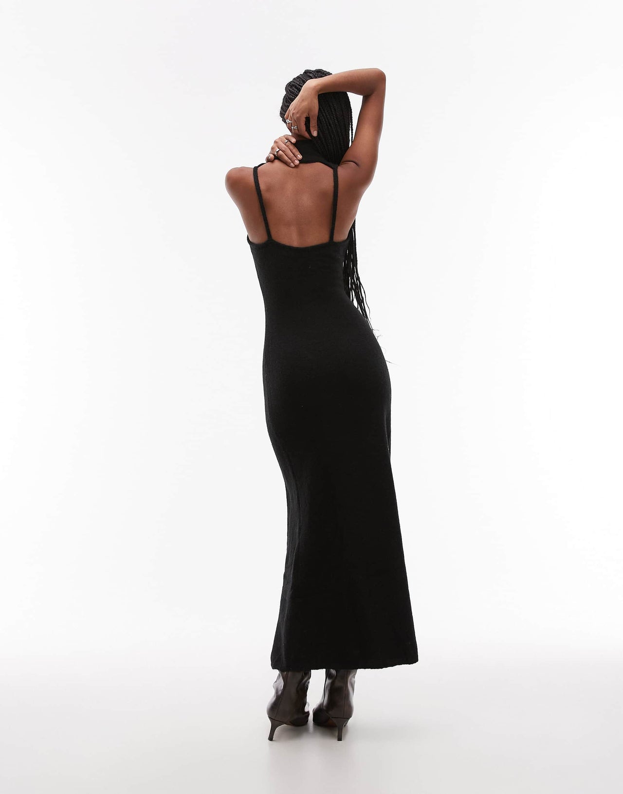 Mango open back high neck knitted maxi dress in black