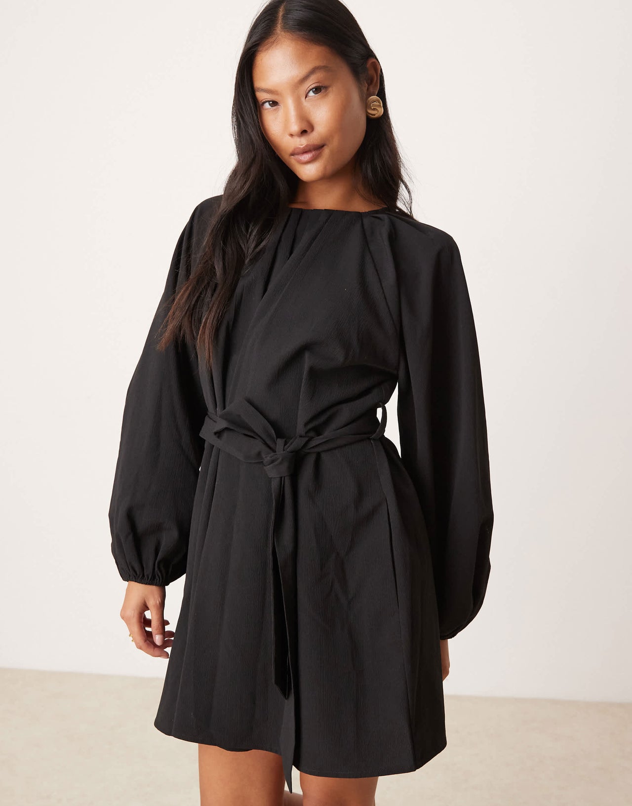 Nobody's Child Petite Mayall long sleeve belted mini dress in black