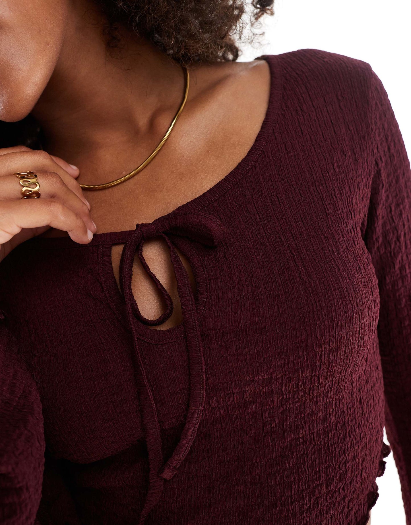 ASOS DESIGN textured asymmetric angel sleeve top in burgundy