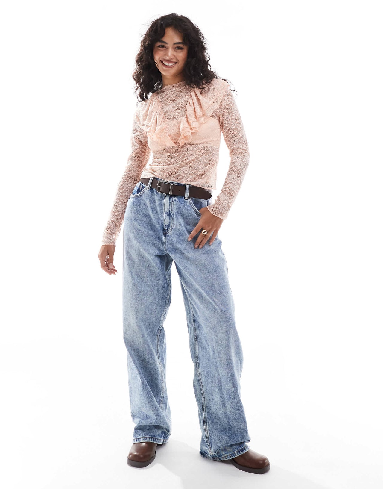 Miss Selfridge ruffle detail long sleeve lace top