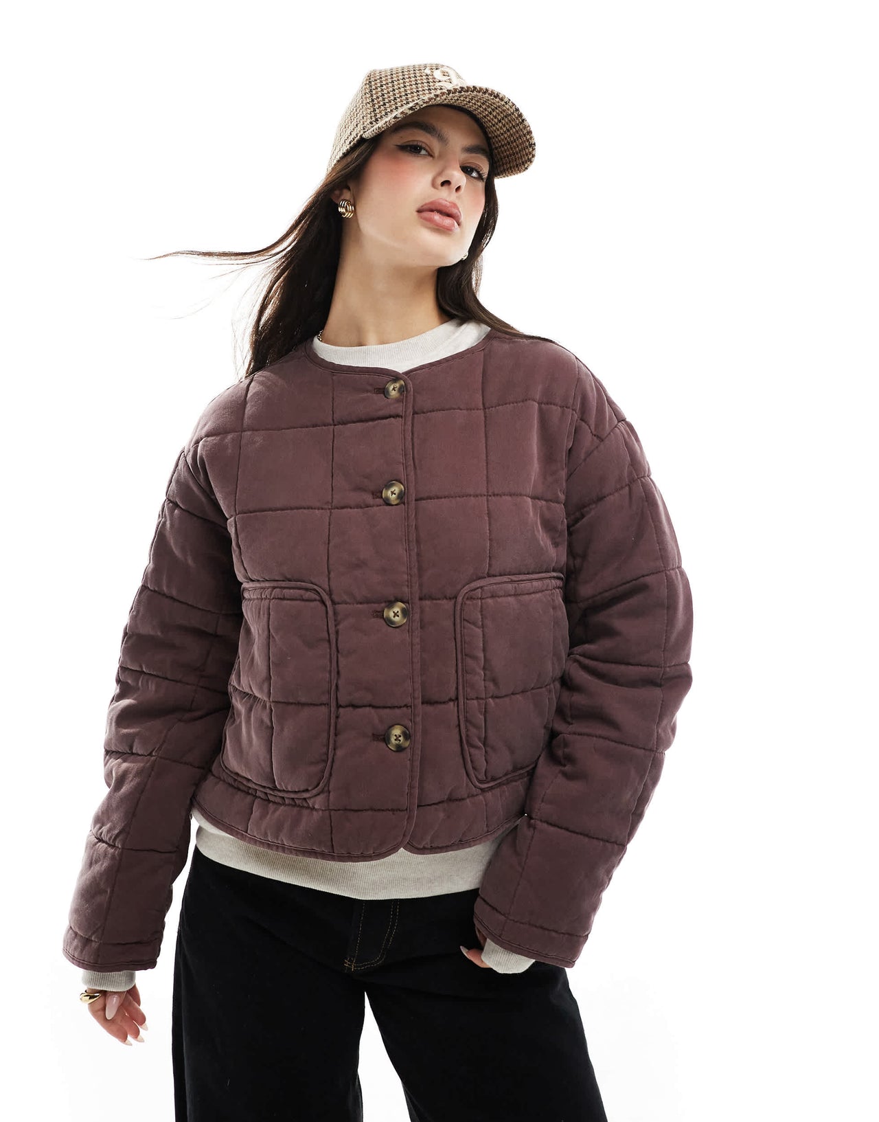 ASOS DESIGN crop collarless quilted jacket in chocolate
