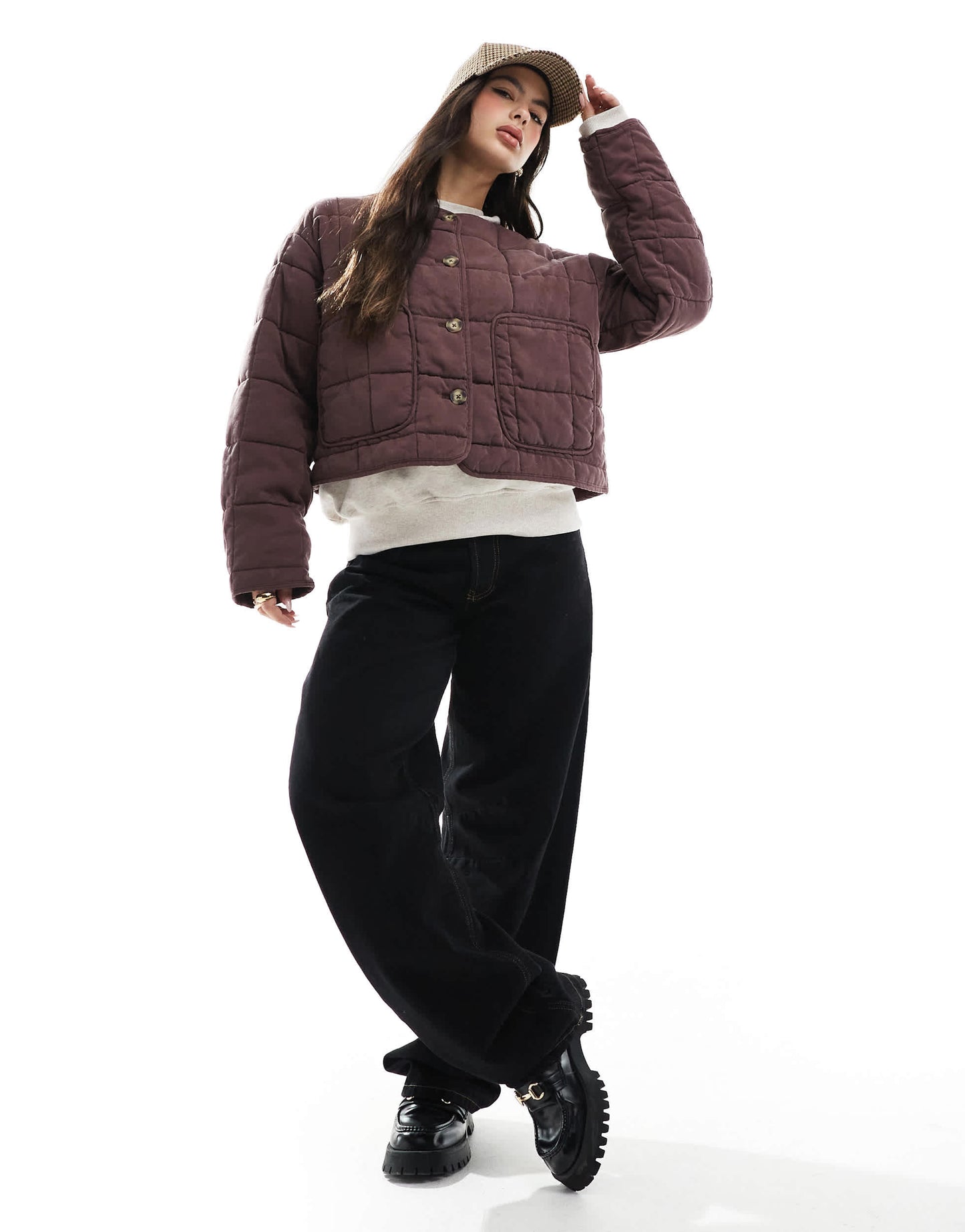 ASOS DESIGN crop collarless quilted jacket in chocolate