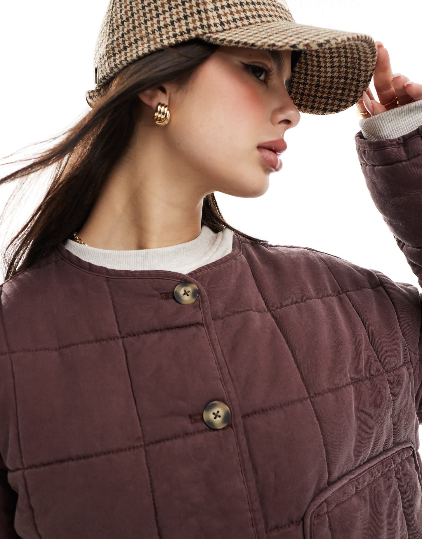 ASOS DESIGN crop collarless quilted jacket in chocolate