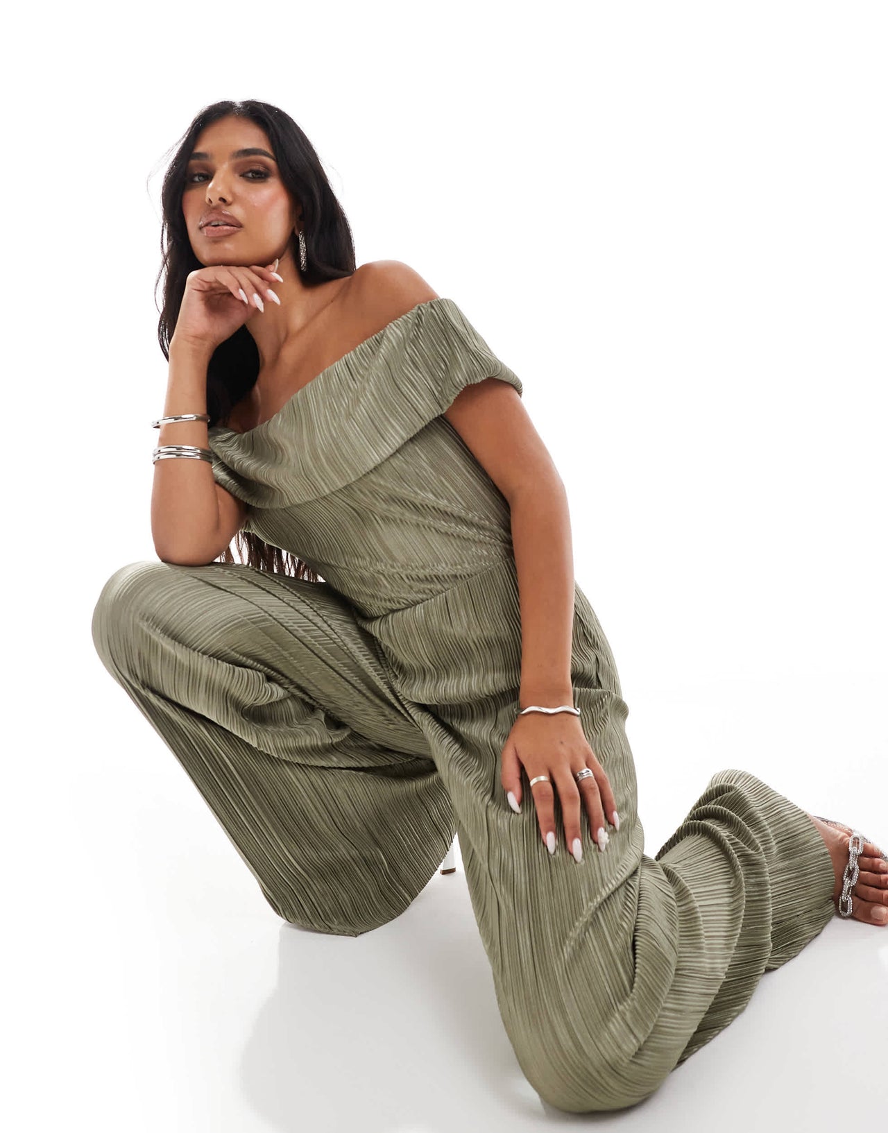 ASOS DESIGN plisse bardot wide leg jumpsuit in khaki