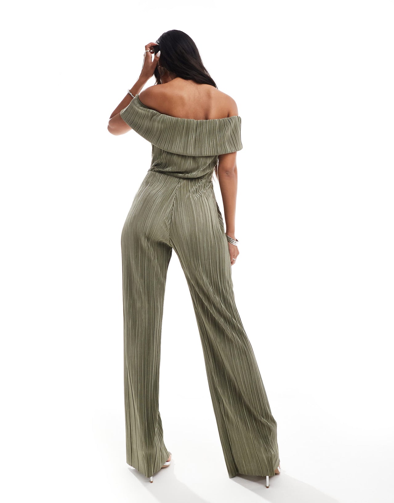 ASOS DESIGN plisse bardot wide leg jumpsuit in khaki