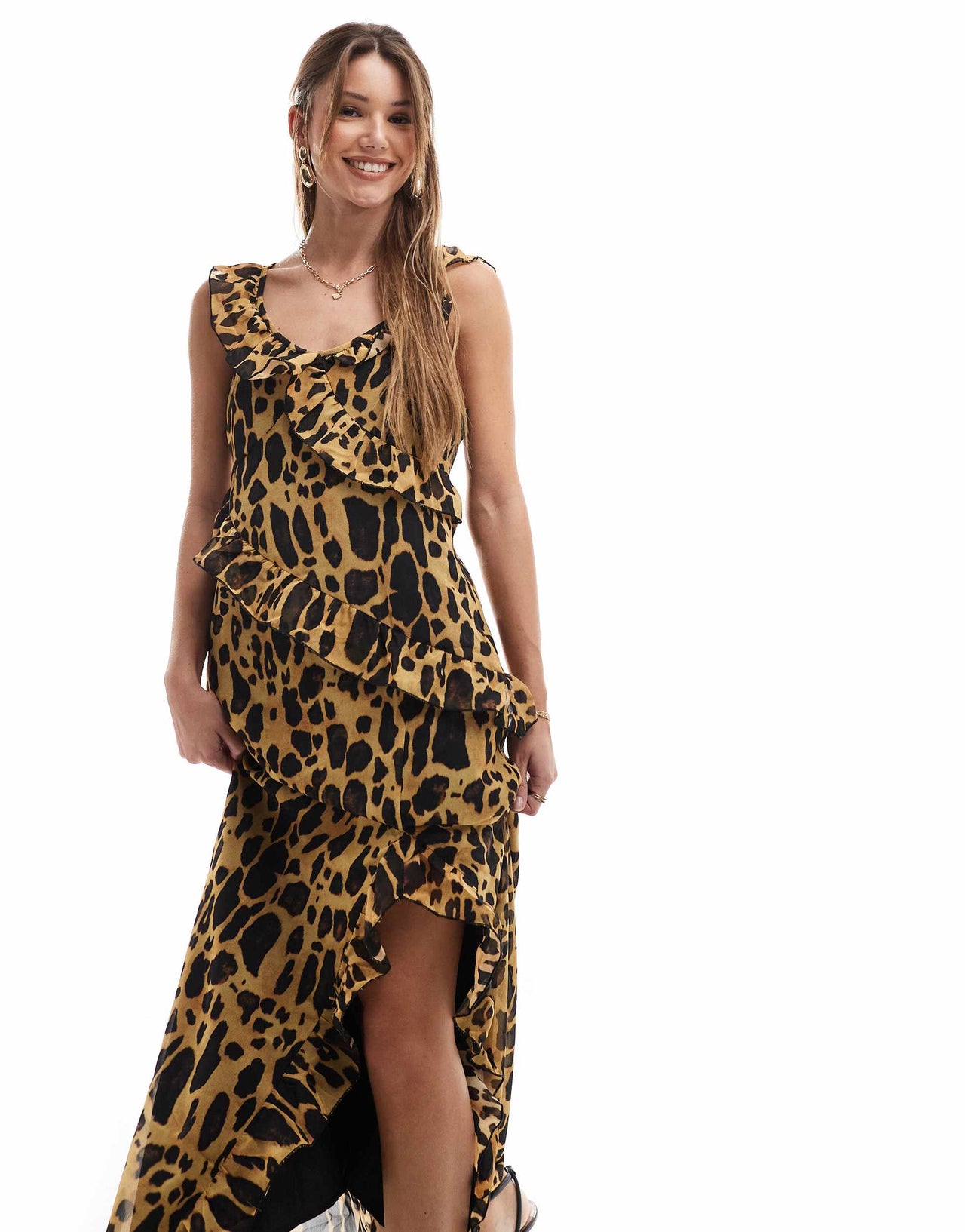 Vero Moda ruffle trim chiffon maxi dress in natrual leopard print