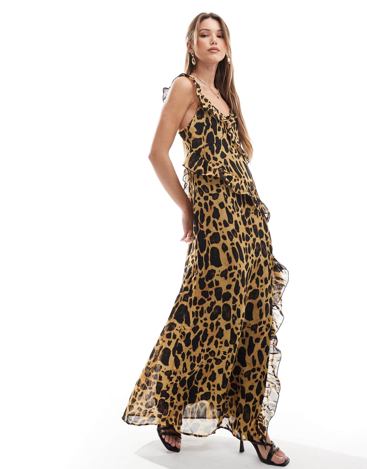 Vero Moda ruffle trim chiffon maxi dress in natrual leopard print