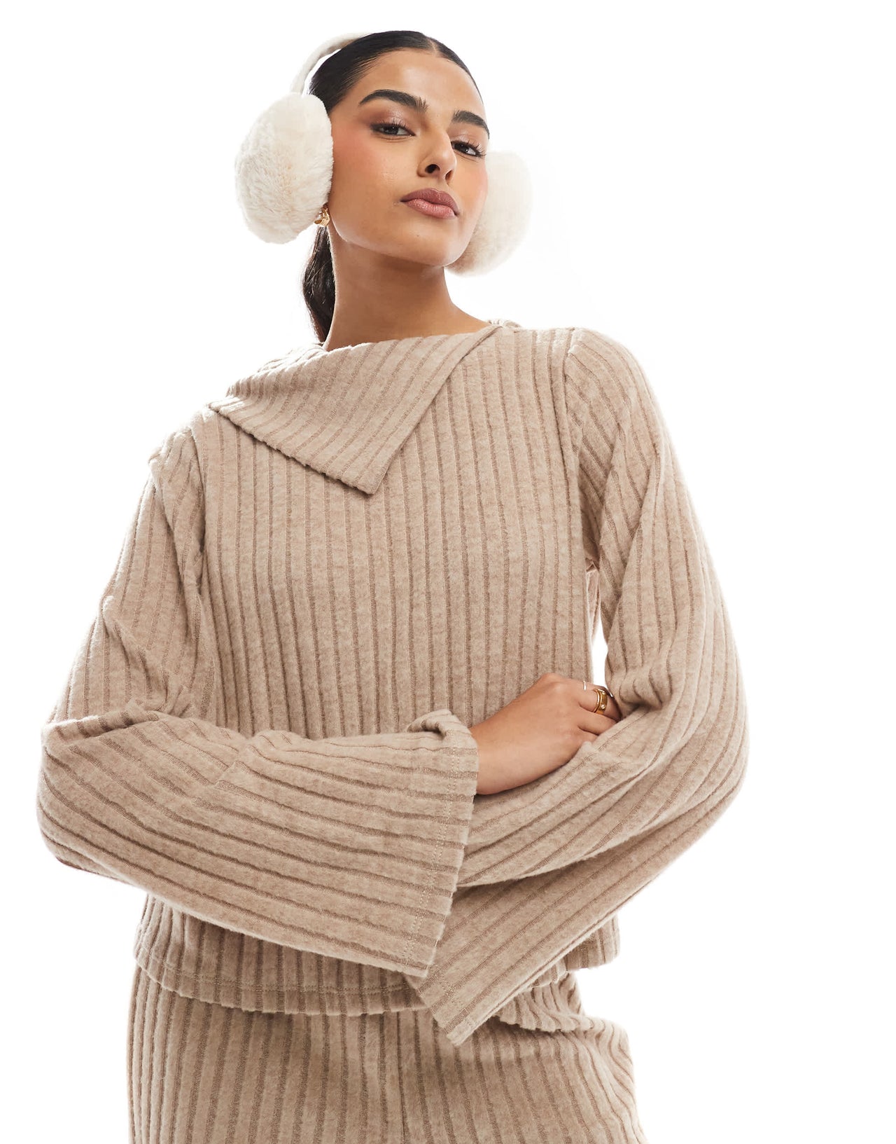 Vero Moda foldover ribbed jersey top co-ord in beige