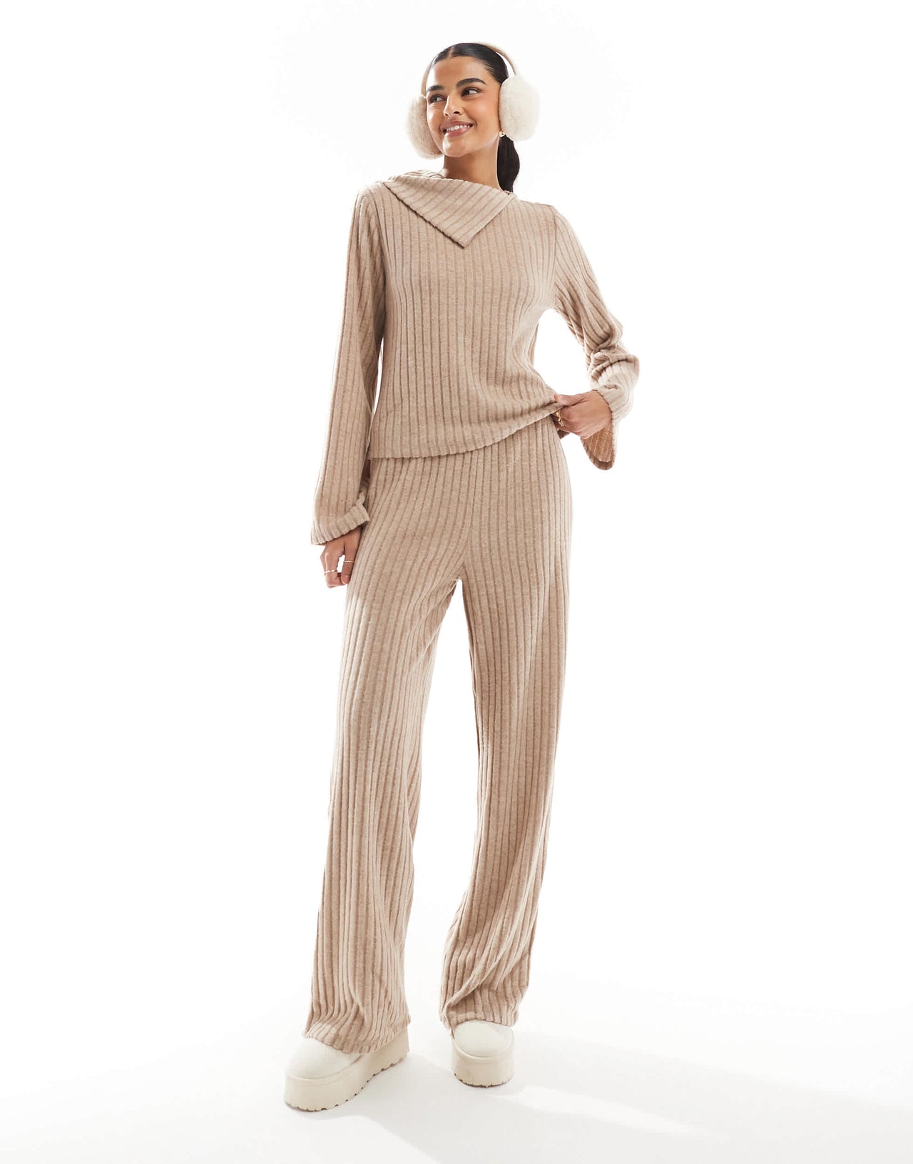 Vero Moda foldover ribbed jersey top co-ord in beige