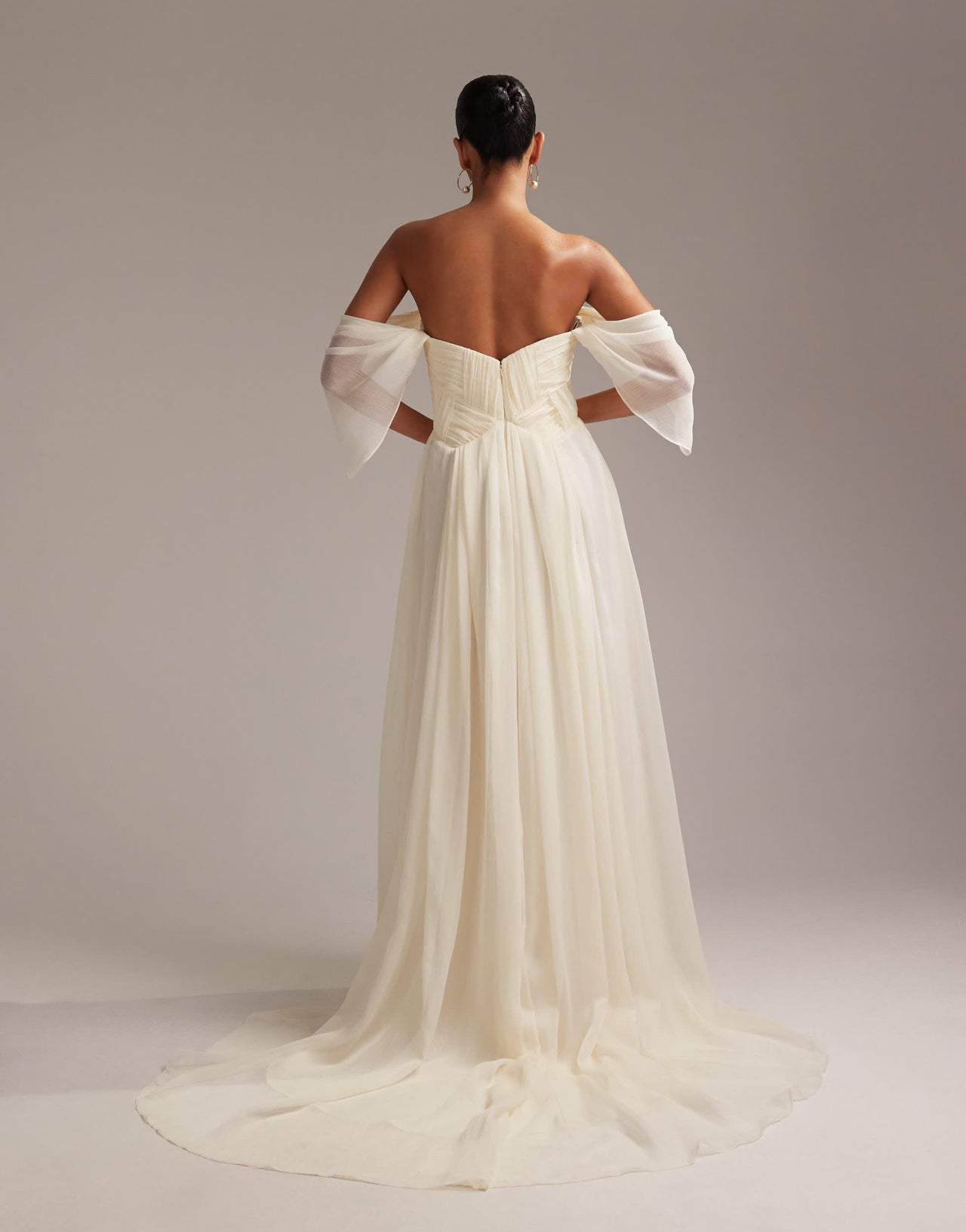 ASOS DESIGN pleated corset maxi wedding dress with draped sleeves in ivory
