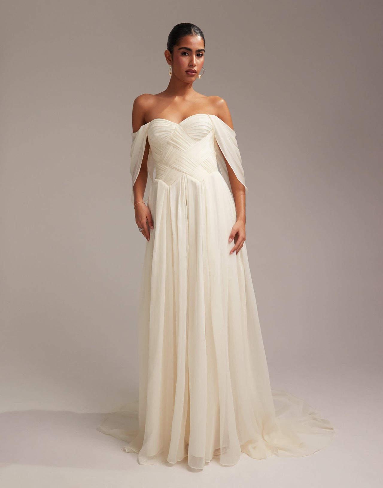 ASOS DESIGN pleated corset maxi wedding dress with draped sleeves in ivory