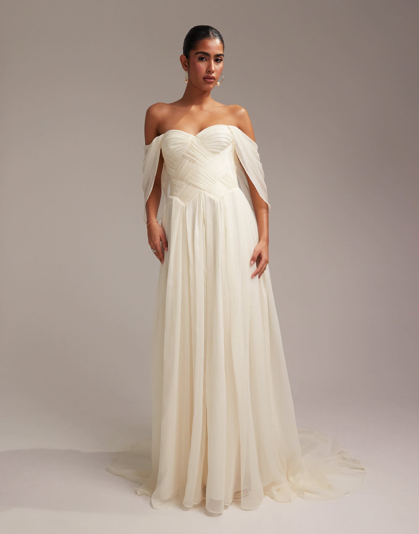 ASOS DESIGN pleated corset maxi wedding dress with draped sleeves in ivory