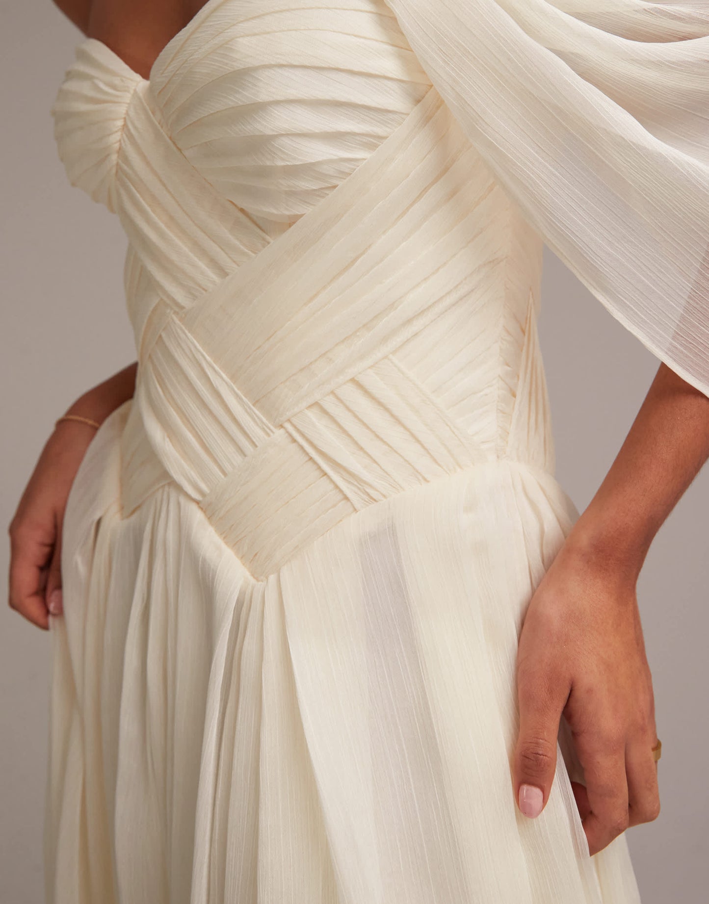 ASOS DESIGN pleated corset maxi wedding dress with draped sleeves in ivory