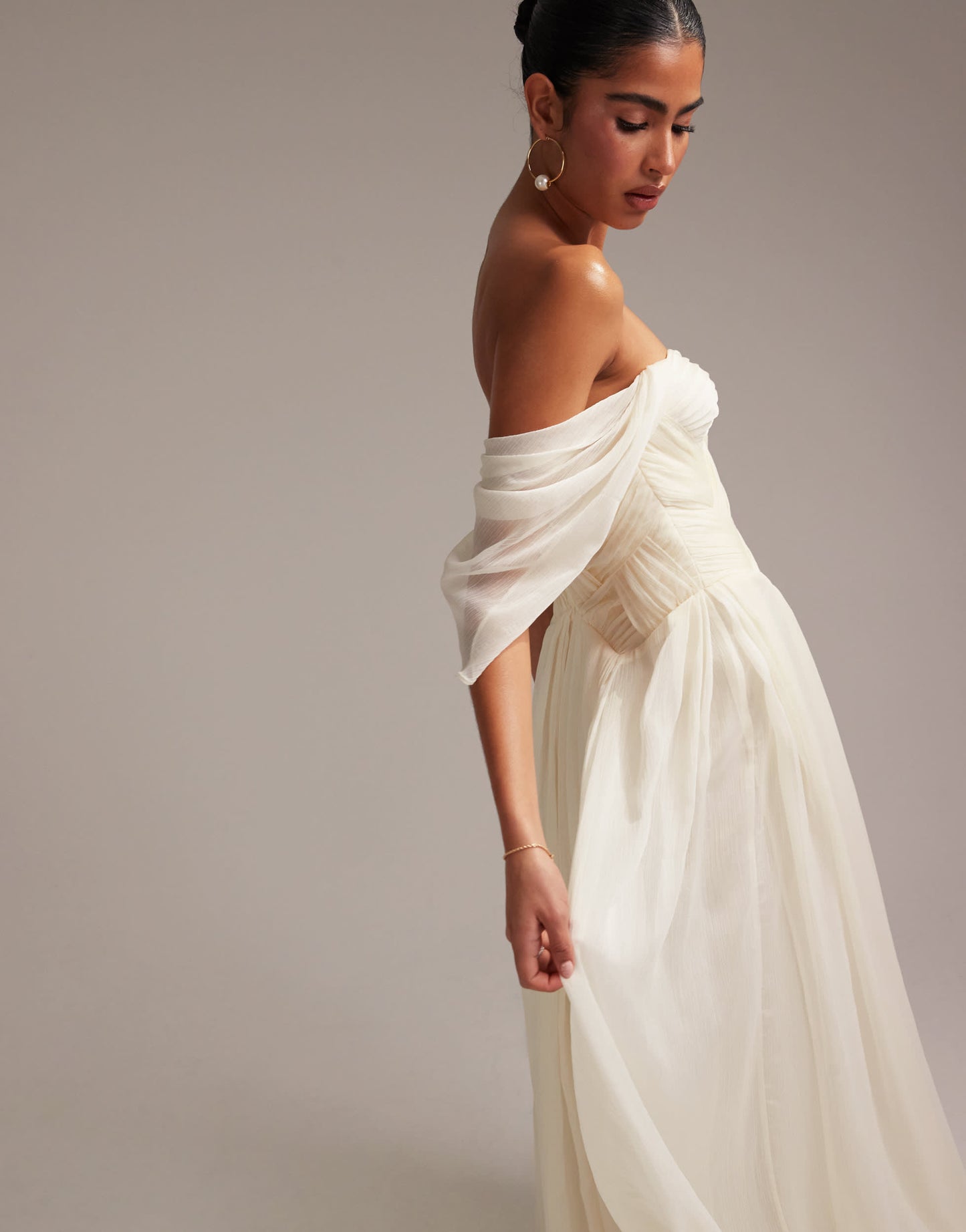 ASOS DESIGN pleated corset maxi wedding dress with draped sleeves in ivory