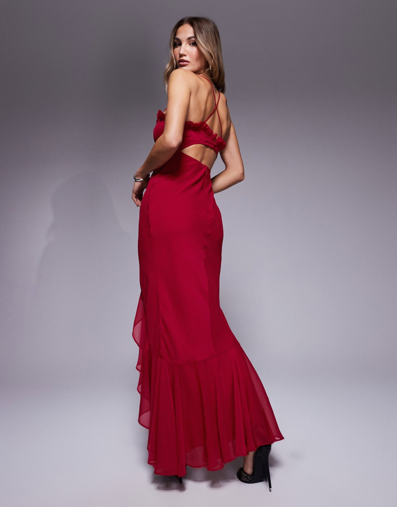 ASOS DESIGN ruffle edge corset high low midaxi dress with cross back in red