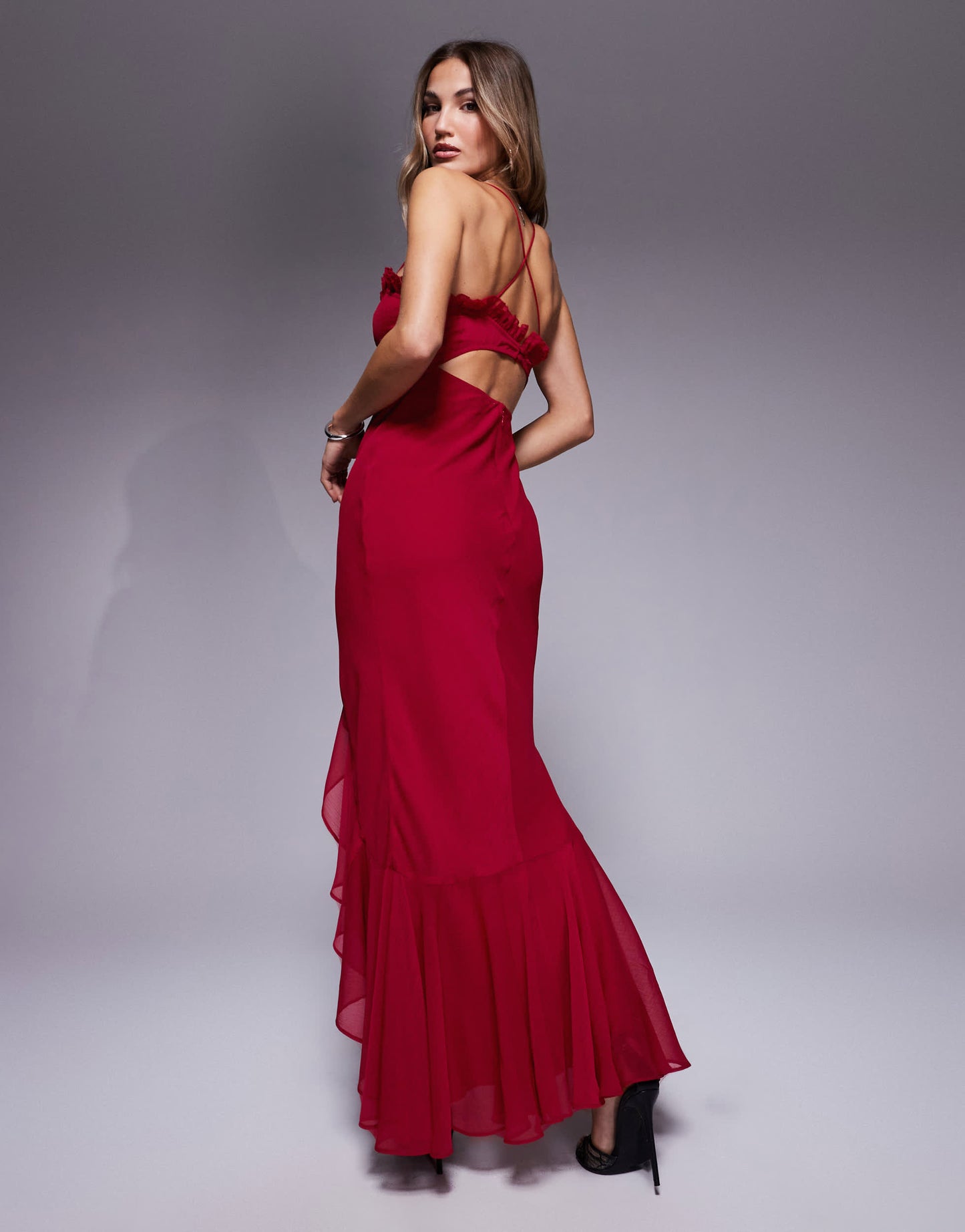 ASOS DESIGN ruffle edge corset high low midaxi dress with cross back in red