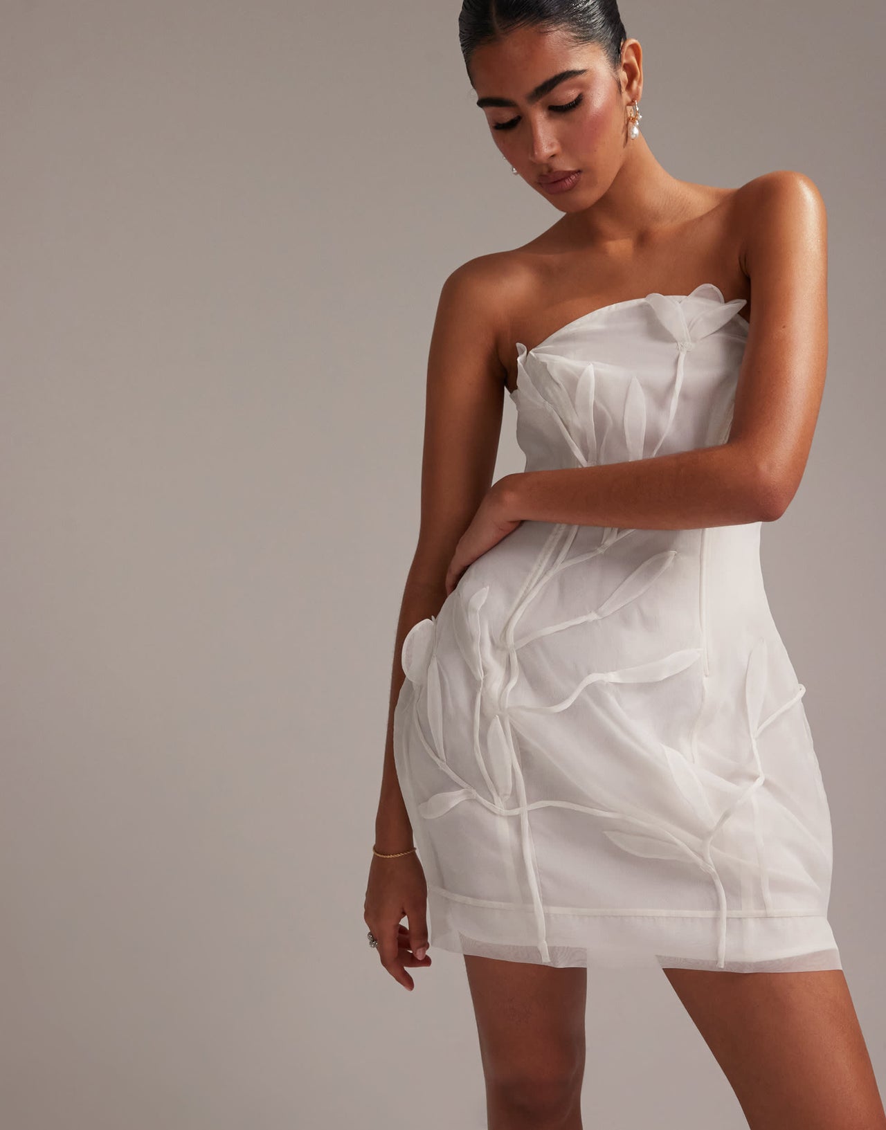 ASOS DESIGN bandeau mini dress with trailing 3D flowers in white