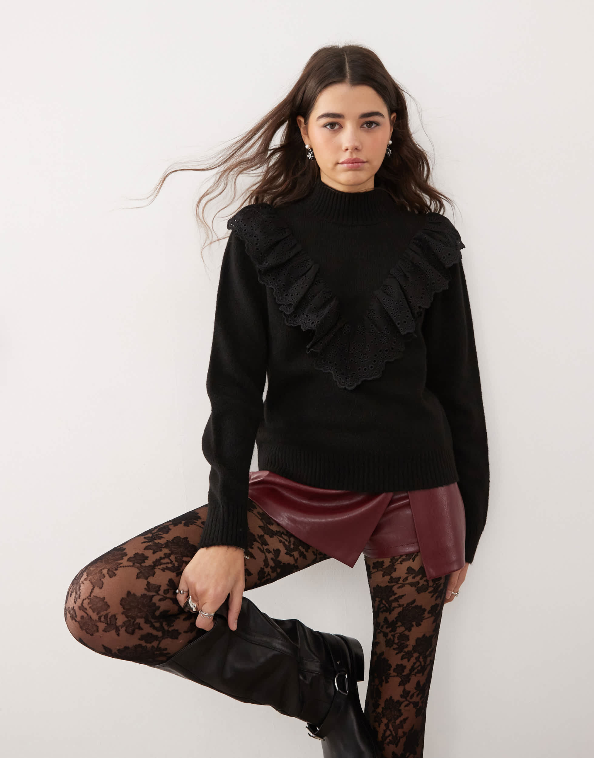 Miss Selfridge long sleeve knitted jumper with broderie trim in black