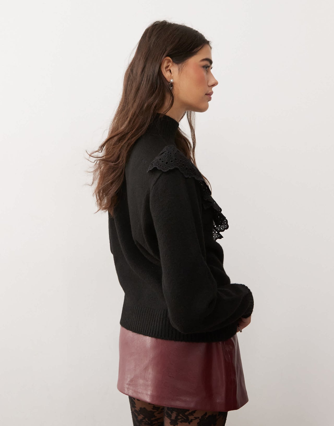 Miss Selfridge long sleeve knitted jumper with broderie trim in black